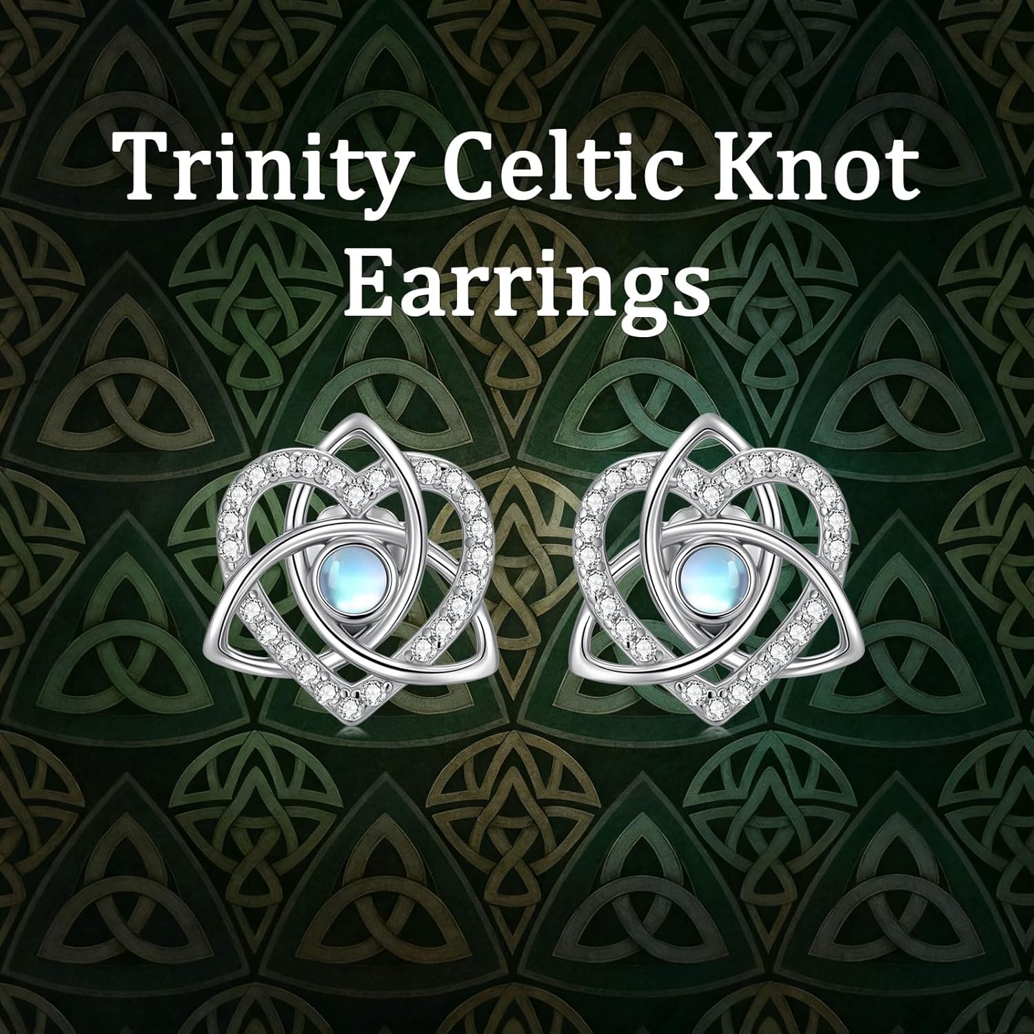 Celtic Knot Moonstone Stud Earrings for Women 925 Sterling Silver Triquetra Trinity Heart Stud Good Luck Irish Jewelry Gifts