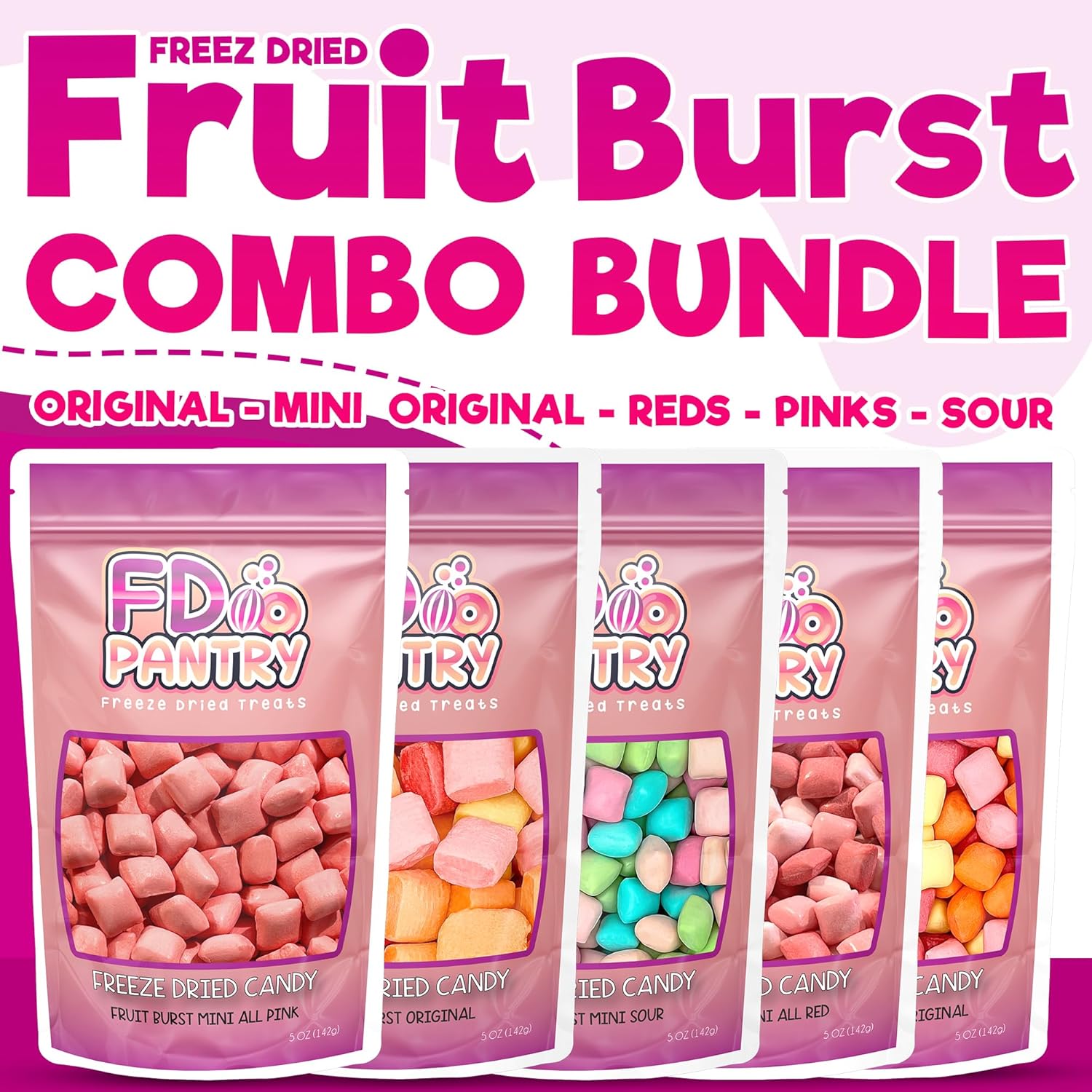 Freeze Dried Candy Variety Pack 5oz (5 Pack) - Freeze Dried Candy Bulk, Original, Mini Original, All Pinks, All Reds, Sour Assorted Resealable Bags - Giftable Variety Pack