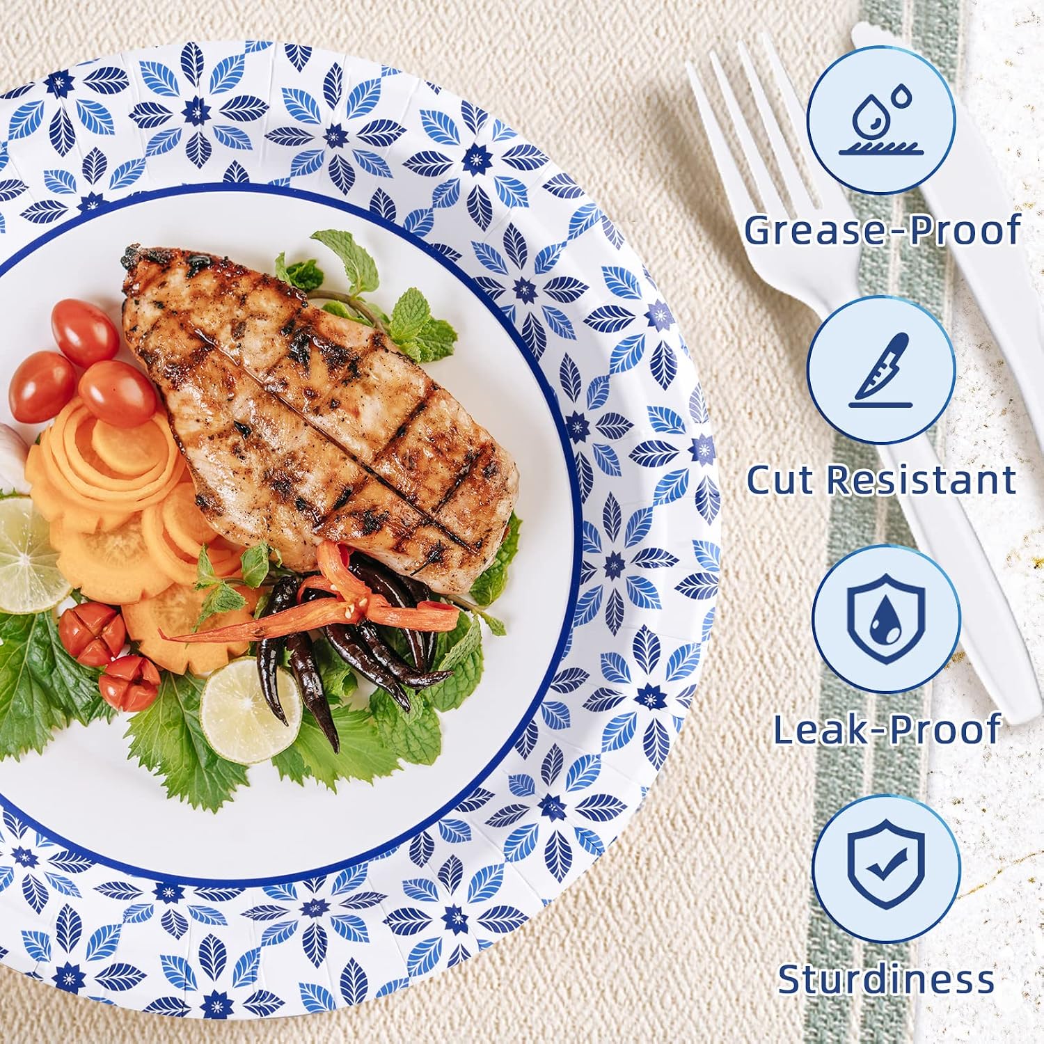 JOLLY CHEF 10 inch Disposable Paper Plates 140 Count, Soak Proof, Cut Proof, Microwave Safe Heavy Duty Paper Plates for Everyday Use