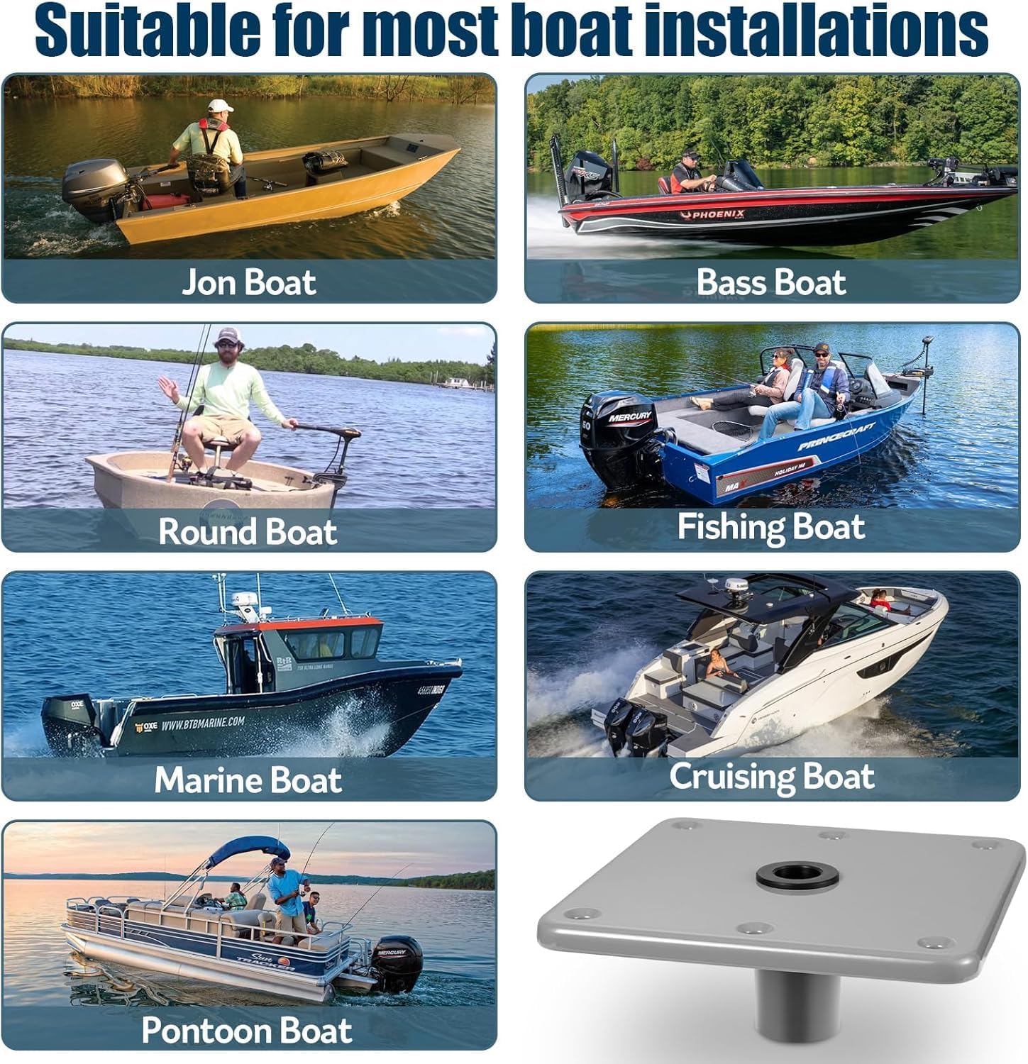 Boat Seat Base 7" x 7" Aluminum Alloy Material 3/4" Pin Post Socket, Heavy Duty Boat Seat Pedestals, Corrosion Resistant, Suitable for Jon Boats, Canoes, bass Boats and Most Other Boat seat Mount