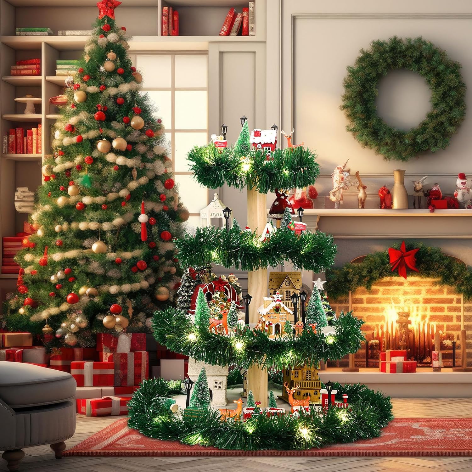 44pcs Tabletop Christmas Village Tree Set Xmas Display Stand with Snow Blanket Garland and String Light Christmas Houses Mini Tree DIY Wooden Village Display Shelves for Holiday Decoration