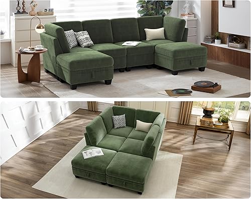 Miniatura 3 de CHIC HOUSE Sofá modular de pana con diván otomano, sofá cama en forma de LU para sala de estar, apartamento, salón, moderno reposabrazos con soporte