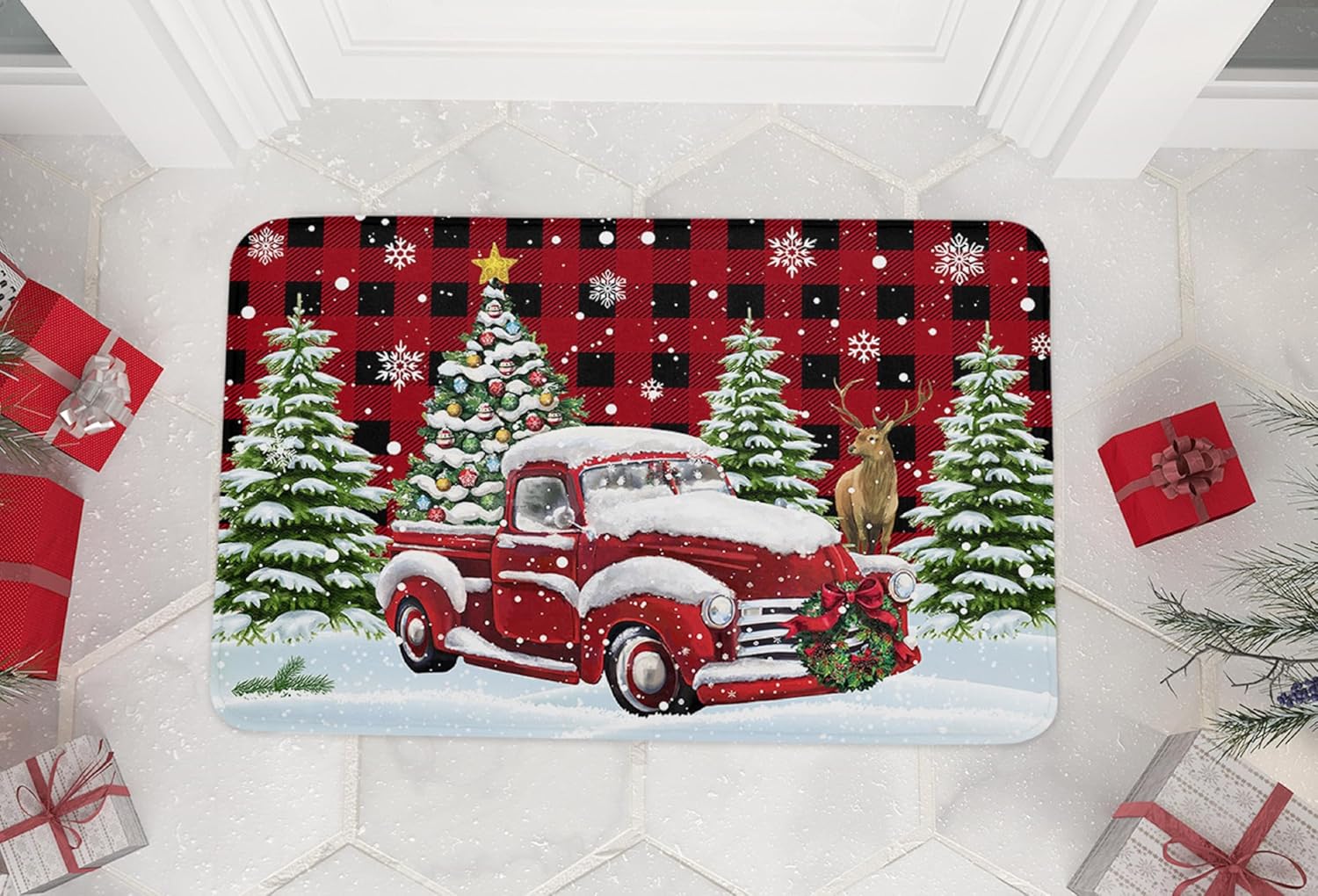 Christmas Front Door Mats, Red Truck Outdoor Indoor Kitchen Mat Xmas Tree and Elk