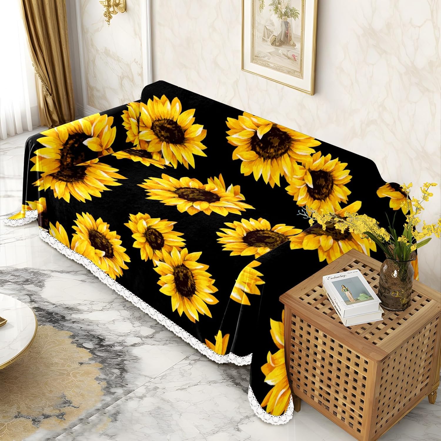 Couch Covers Yellow Sunflowers Black Washable Throw Covers for Couch Loveseat Sofa Cover Sofa Slipcover Pets Dogs Furniture Couch Protector 71‘’x91‘’