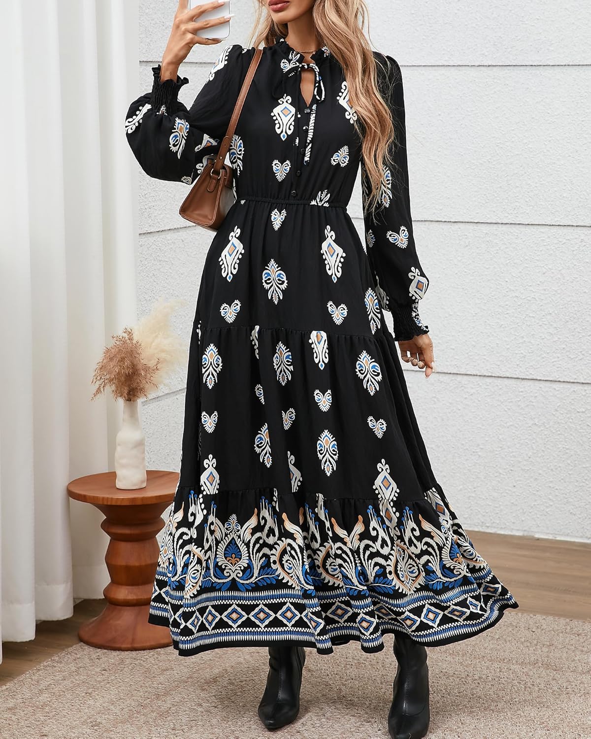 BTFBM Women's Fall Wedding Guest Dresses 2025 Casual Floral Long Sleeve V Neck Front Tie Flowy Boho Maxi Dress Pockets - Image 6