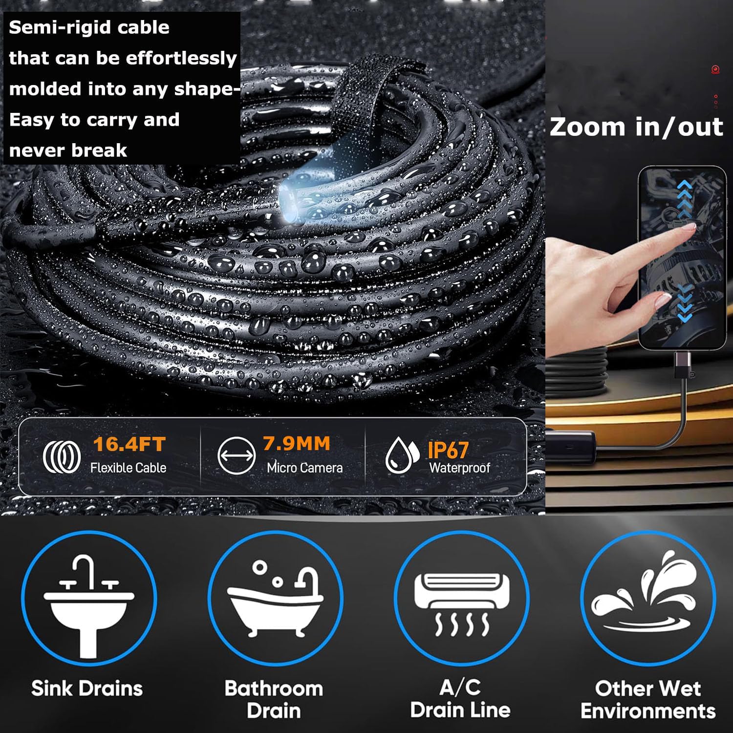 Cámara endoscópica para iPhone, 1920P HD Cable Snake Cámara Plug and Play con endoscopio semirrígido para iPhone, cámara endoscópica impermeable IP67 para Android para iOS