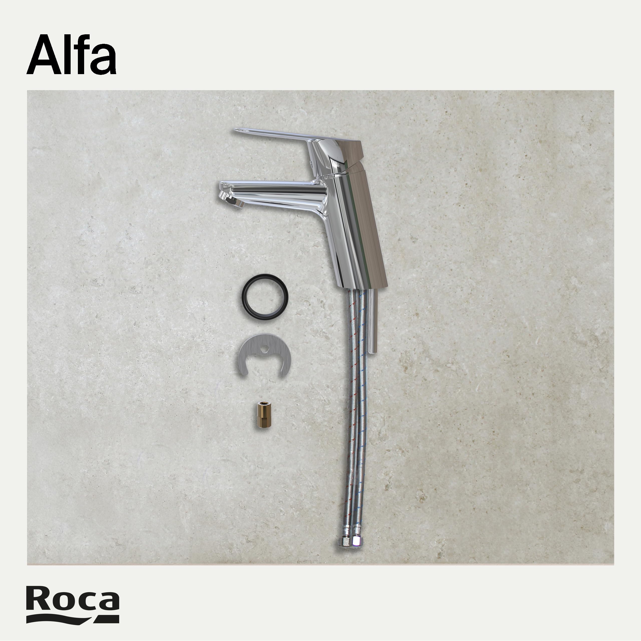 Roca Alfa Grifería para lavabo con tecnología Cold Start, grifo monomando de repisa con enlaces de alimentación flexibles, mezclador para cuarto de baño de fácil instalación, cromado, A5A3L25C00