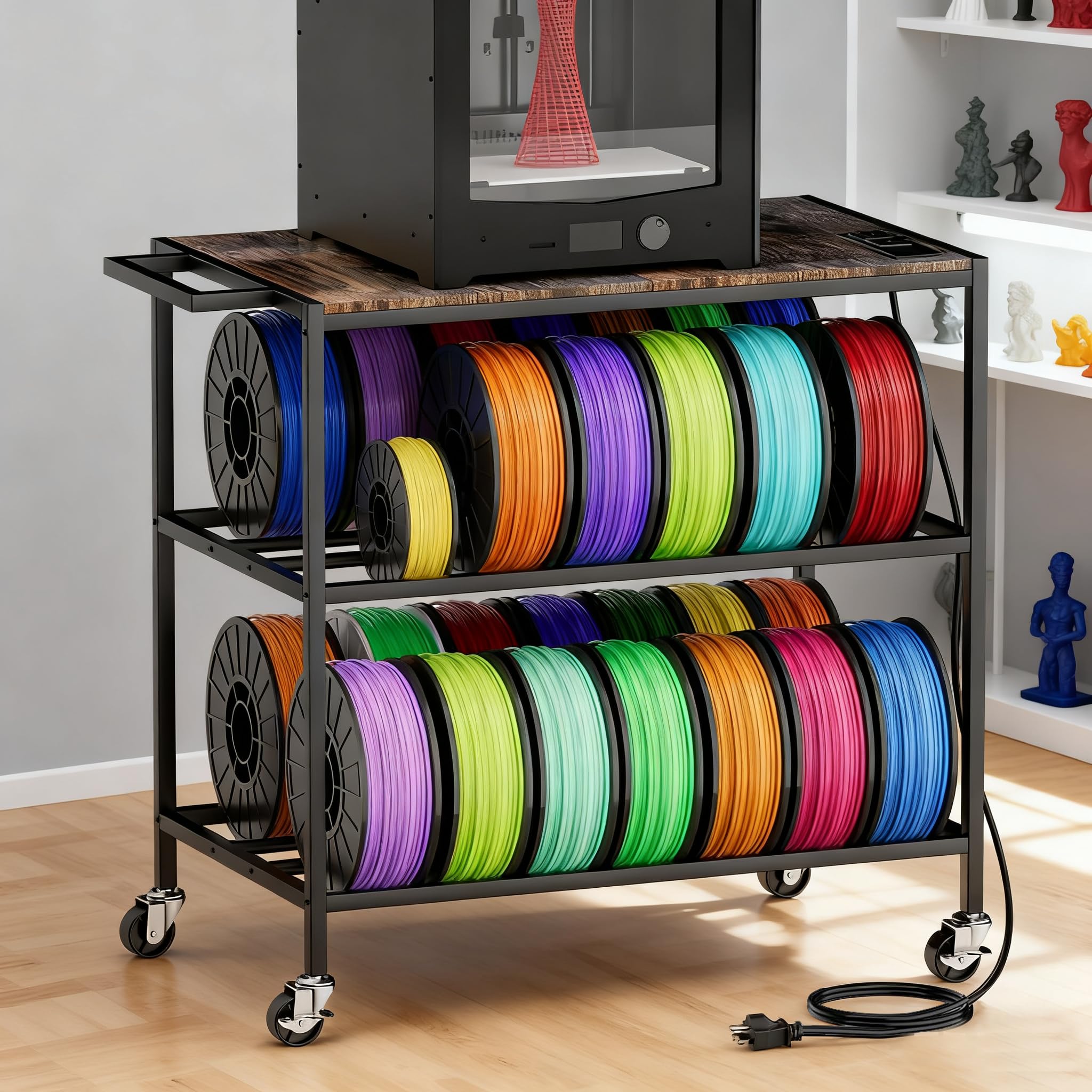 Photo 1 of 3D Printer Stand with Filament Storage, Heavy Duty Rolling Printer Cart on Wheels with Built-in Power Outlet, Small 3D Printer Table for Organizer Filament Spools, Workshop Office Garage Studios,Brown