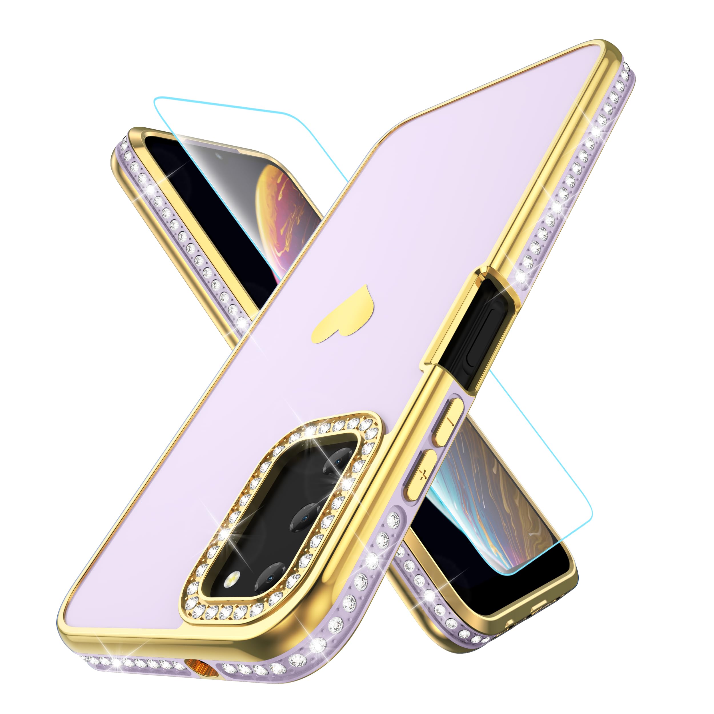 Gritup Compatible with Samsung Galaxy A03S Case with Screen Protector, Love Heart Pattern Glitter Bling Rhinestones Diamond for Girls Women, Soft TPU Bumper Shockproof for Galaxy A03S case,Purple