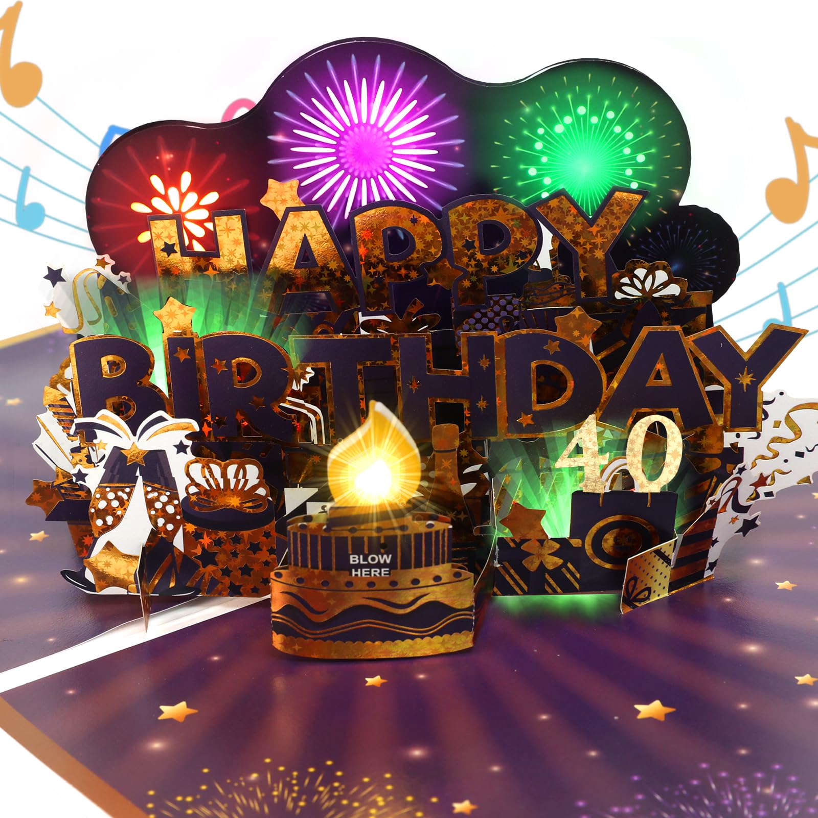 40th Birthday Card, Musical & Fireworks & Blow-Out Birthday Card for 40th Men, Women, Pop Up Birthday Cards for 40-year-old Men, Women, Husband, Wife, Daughter, Son, Sister, Brother, Niece, Nephew