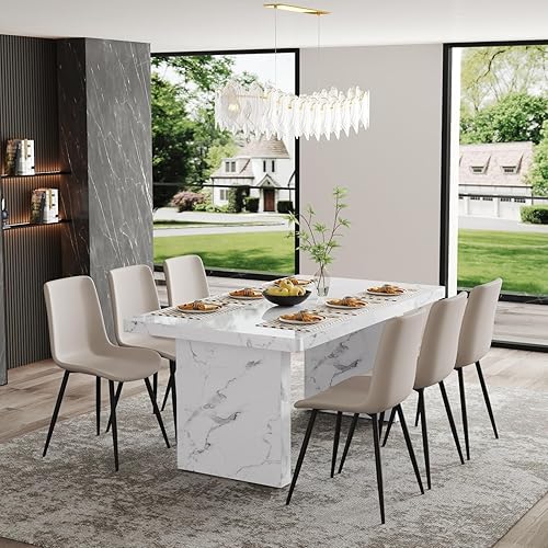 Miniatura 25 de Juego de mesa de comedor moderno para 6, juego de mesa de comedor blanco de 63 pulgadas para 6, tablero de mesa de cocina MDF con patrón de mármol y