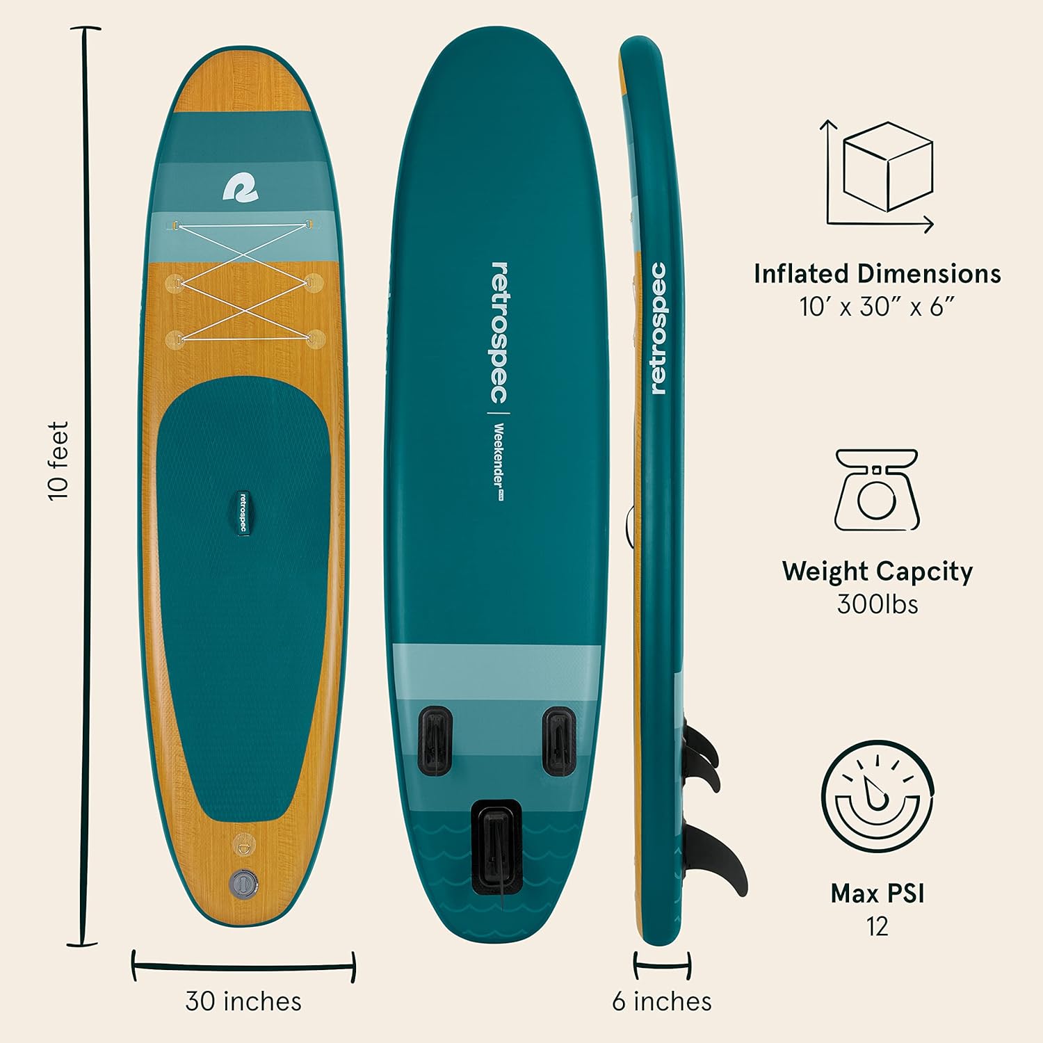 Retrospec Weekender Plus 10' Inflatable Stand Up Paddleboard Double Layer PVC iSUP Bundle w/Carrying case, 3 Piece Adjustable Aluminum Paddle, 3 Removable fins, Pump, and Cell Phone case : Everything Else