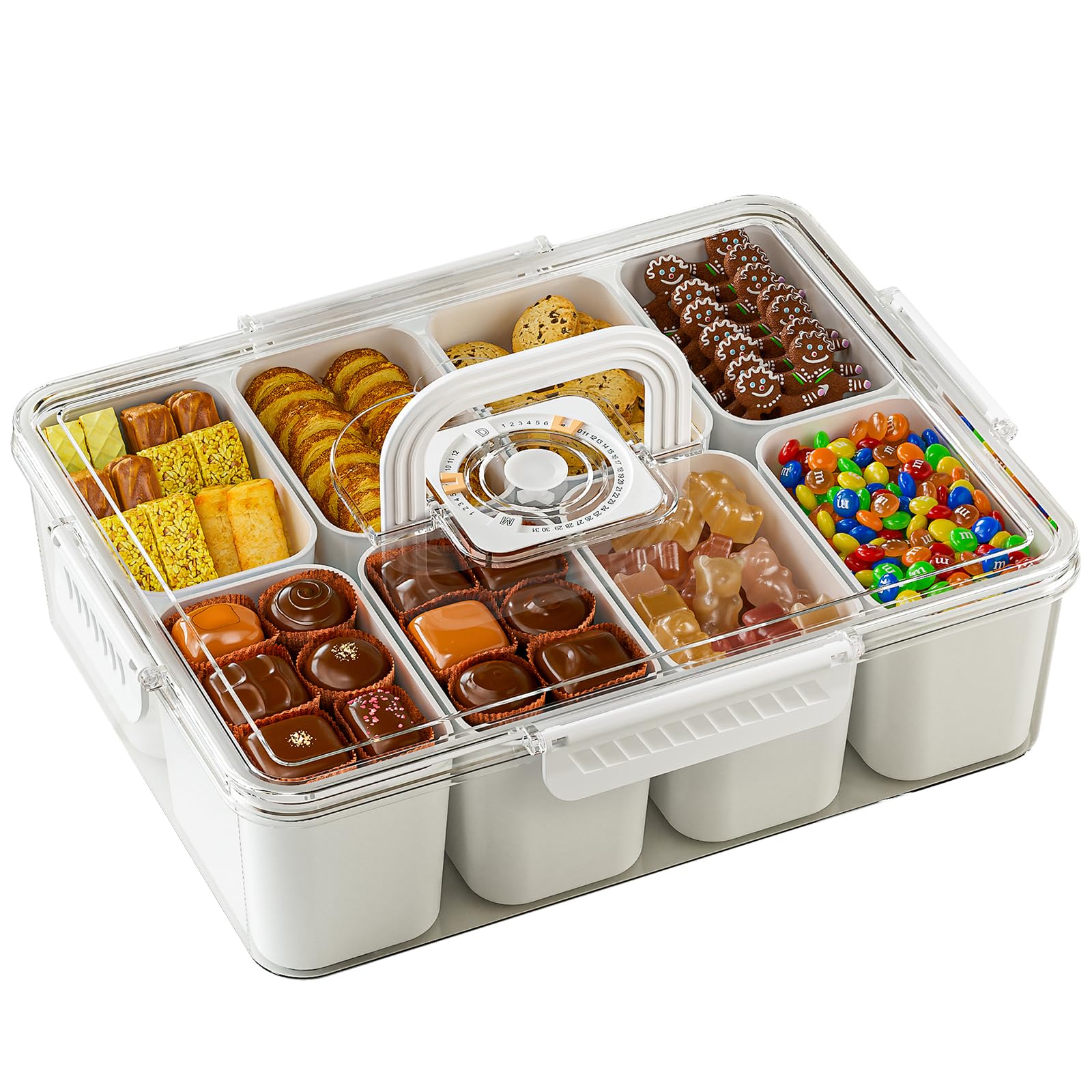 Divided Serving Tray with Lid and Handle, Snackle Box Charcuterie Container 8 Compartment Snack Platters, Portable Snable Organizer for Fruits, Candy, Snacks, Picnic, Movie, Party&Travel