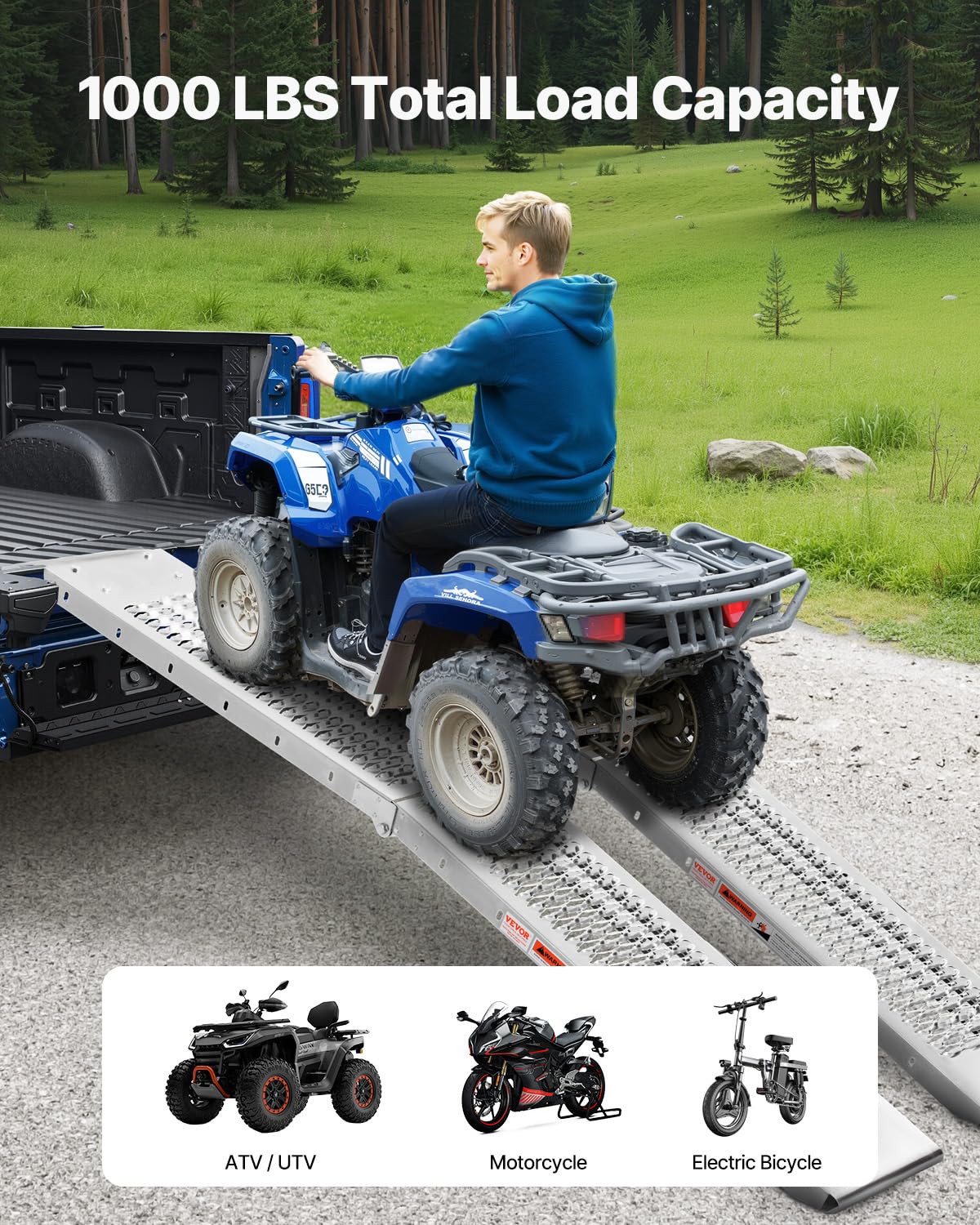 VEVOR 453,6 kg, 2 Stück, robuste, breitere Oberfläche, universelle stabile Laderampe mit Griffen, passend für ATV, UTV, Motorrad, Elektrofahrrad usw., Silber, 1930 x 250 x 60 mm