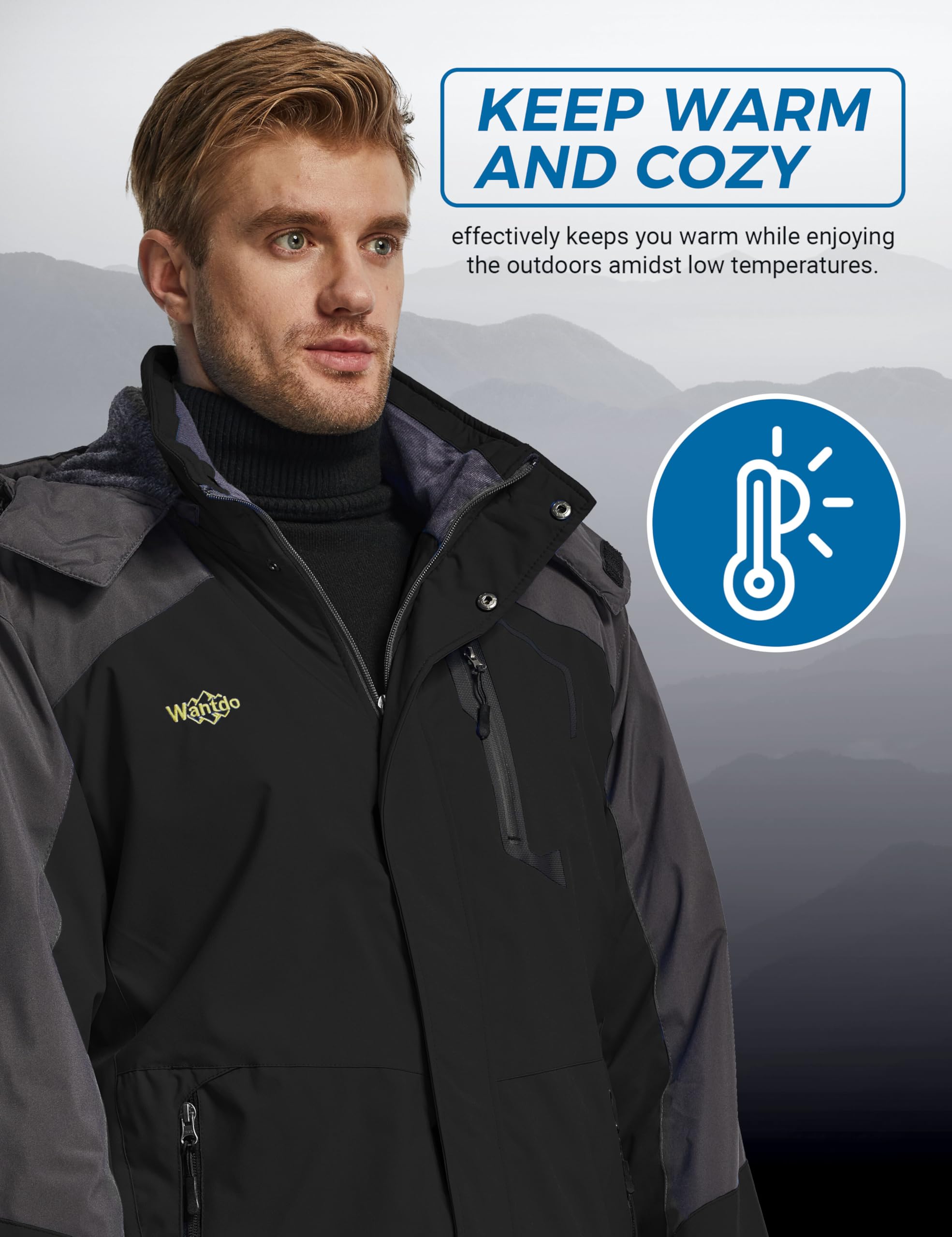 Wantdo Giacca da Sci Montagna Calda Invernale Parka da Neve Imbottita Cappotto da Snowboard in Pile Giubbotto con Cappuccio Impermeabile Uomo