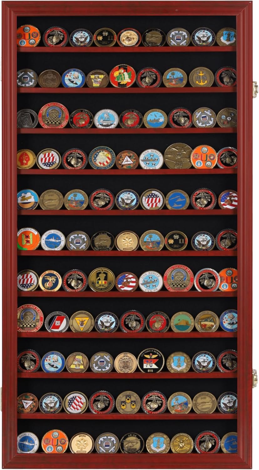 DisplayGifts Military Challenge Coin Display Case Poker Chips Holder Wall Cabinet Rack 29 X 16 Compatible with Army Navy Air Force Marine Corps Challenge Coins