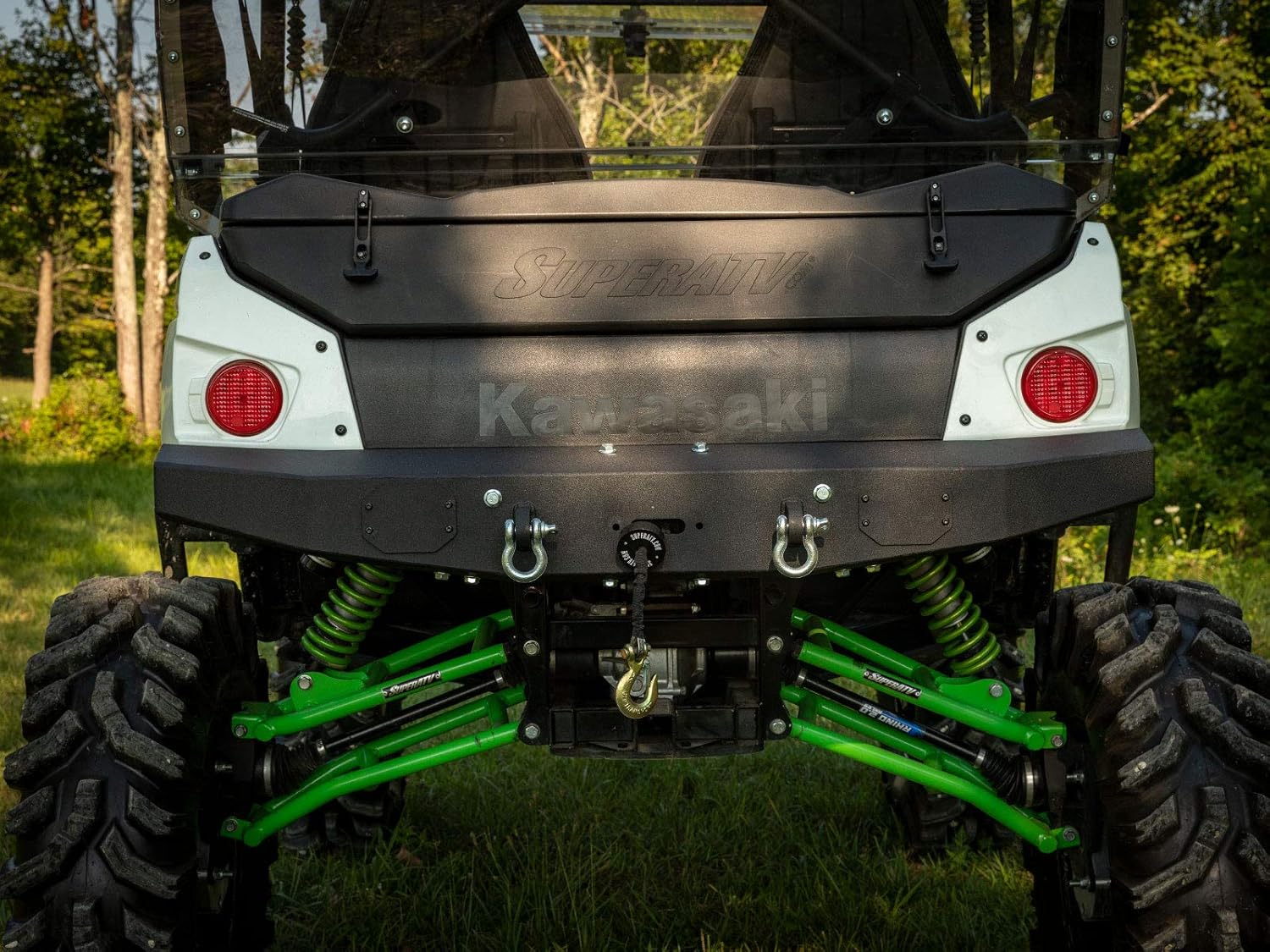 SuperATV Winch Ready Rear Bumper Compatible With Kawasaki Teryx 4 750: 2012-2013/Teryx 4 800: 2014+, Thick Sheet Metal, Built-In Winch Mount Prefit for Black Ops Winch, USA Made