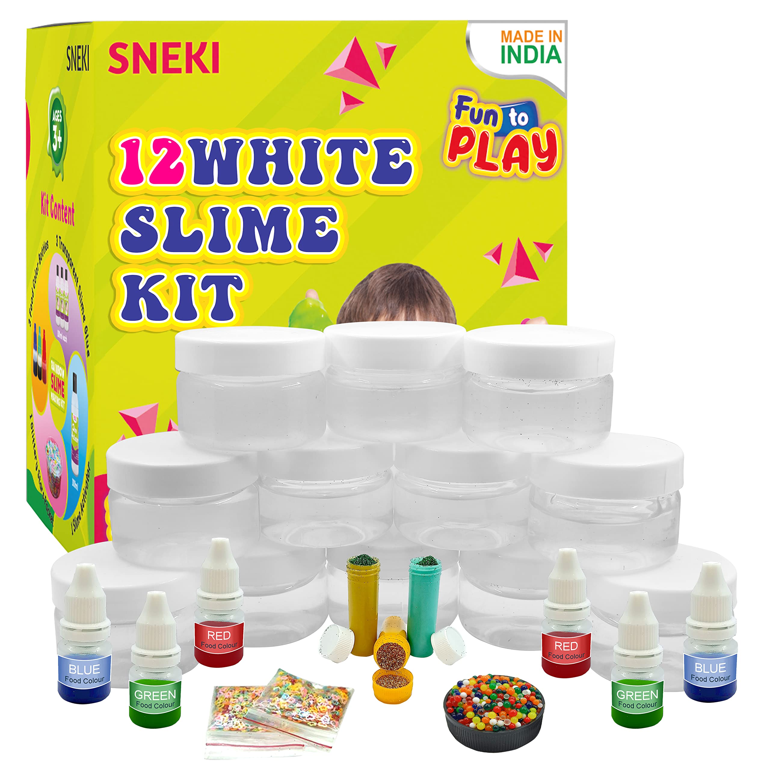 SNEKI 12 Transparent Slime Kit Non Sticky Kids Slime Jelly Putty Toy for Kids Educational Creative DIY Toys Stress Relief Toy Kit for Girls Boys with Glitter Charms Stars Food Colors Beads Ball Set