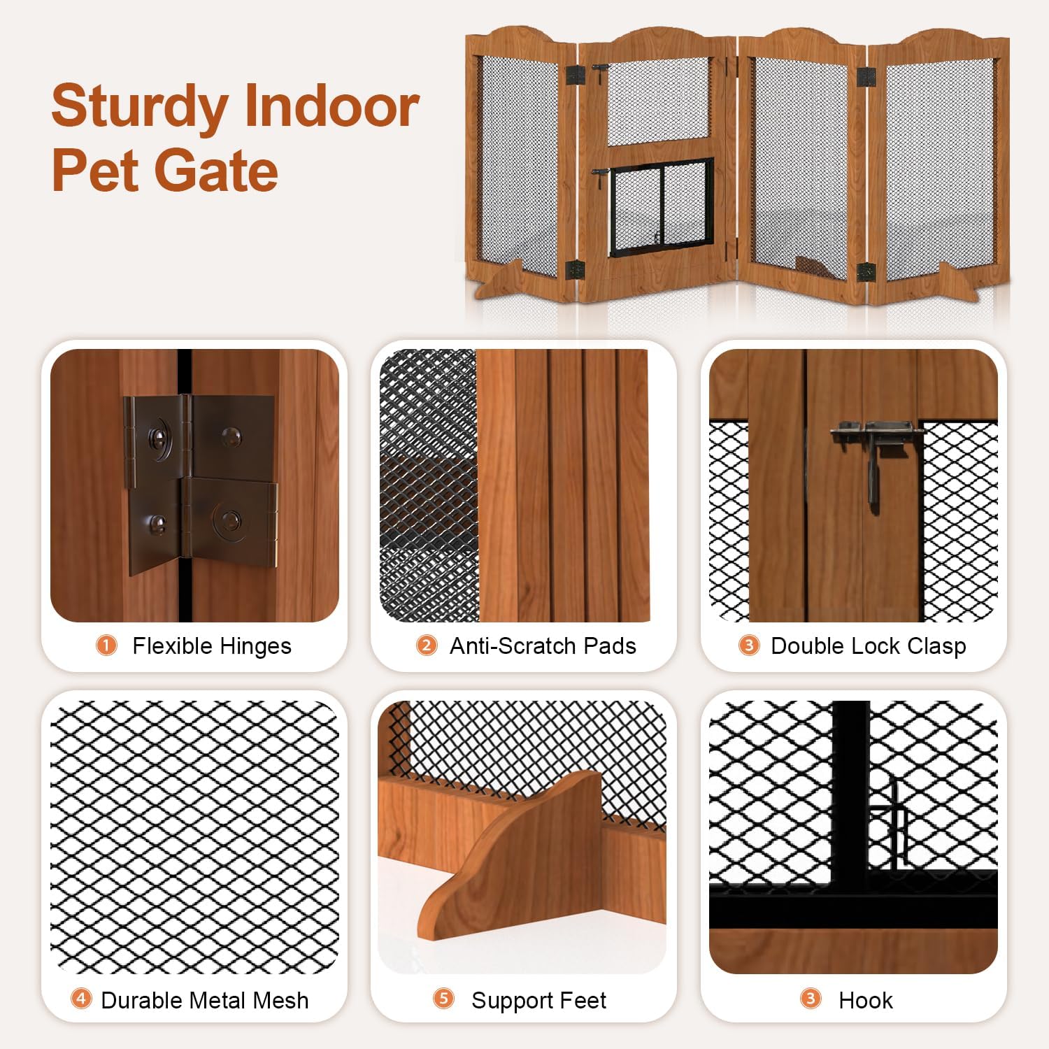Freestanding Pet Gate with Cat Door, Wooden Pet Barrier Gate with Walk Through Door, Folding Indoor Dog Gate and Playpen, Used for Stairs, Doorways and Hallway
