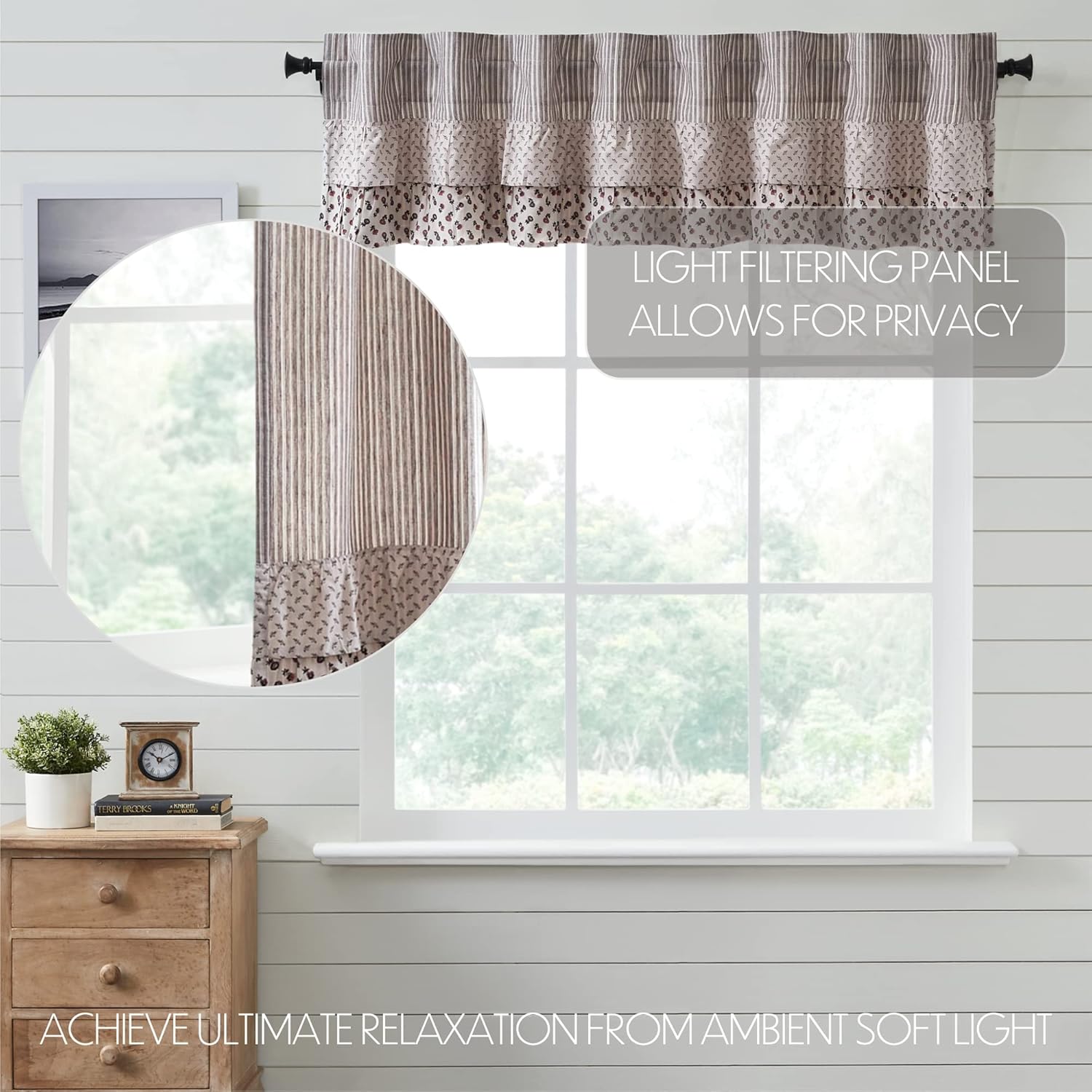 VHC Brands, Florette Ruffled Patchwork Valance, Brown, 16x72