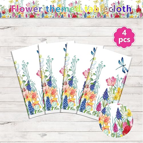 Miniatura 8 de Paquete de 4 manteles de plástico con diseño floral de verano con flores silvestres en acuarela, mantel de plástico desechable para primavera,