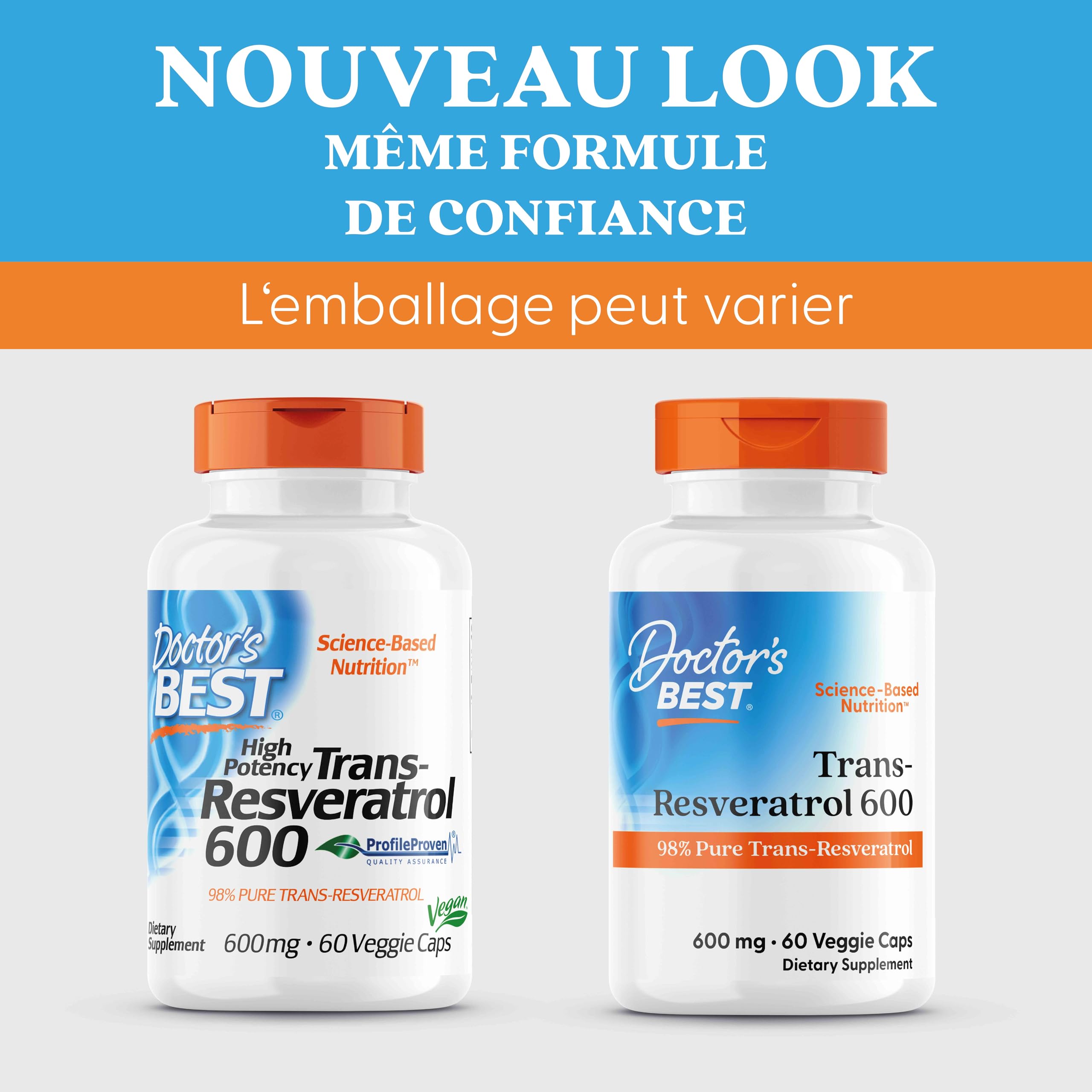 Doctor's Best, High Potency Trans-Resveratrol, 600mg, 60 Capsules végétaliennes, Testé en Laboratoire, Sans Gluten, Sans Soja, Végétarien