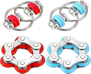 Hicarer 4 Pieces Fidget Toy Set Flippy Roller Chain, Six Roller Chain Fidget and Flippy Chain Stress Reducer Bike Chain Toys for ADHD, ADD, Autism, Anxiety Relief for Adults and Teens (Red, Blue)