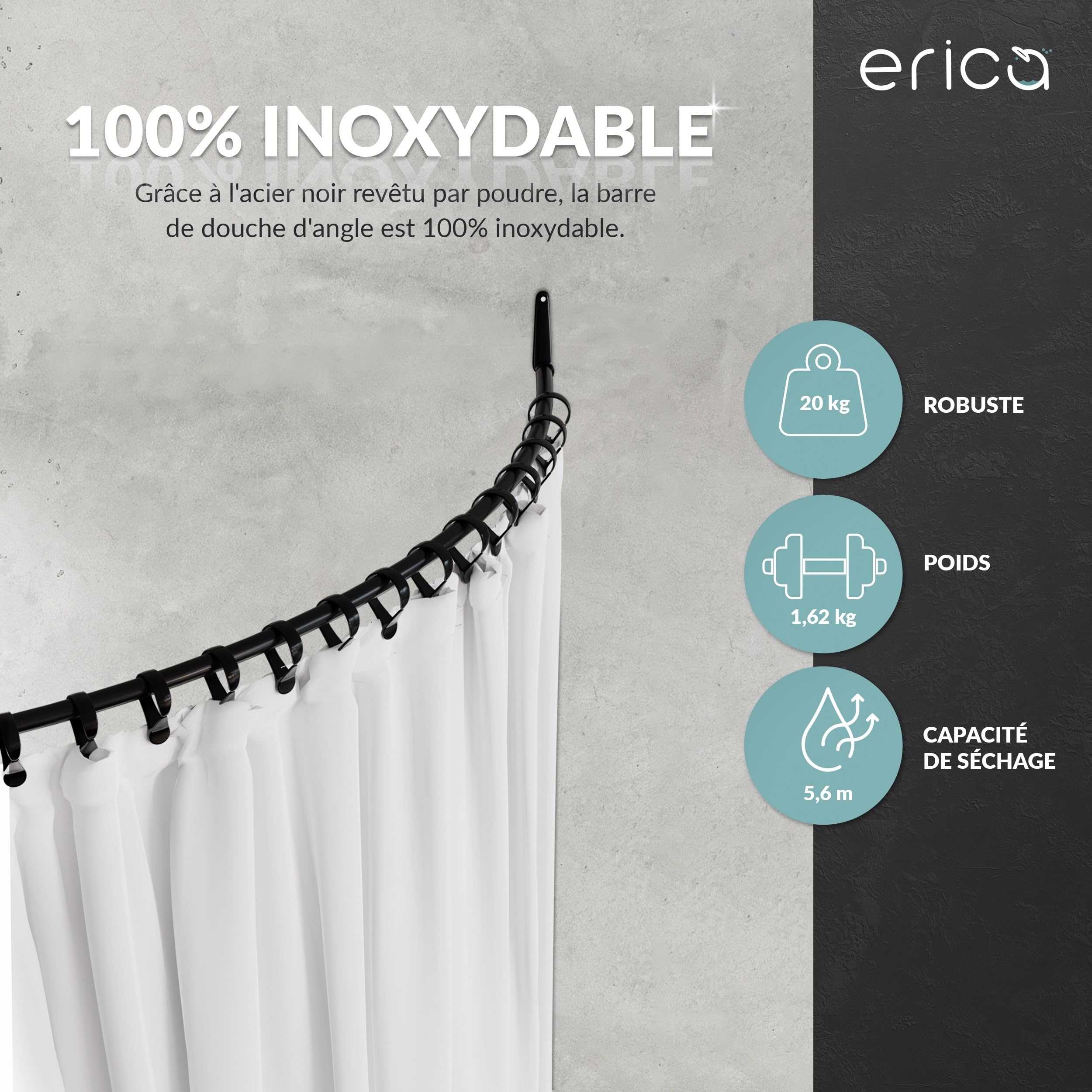 Erica Barre de Rideau de Douche D'angle 140x140cm, 100% Antirouille – Gris | 140x140 cm, Fixation Murale - sans Fixation au Plafond, Barre de Douche Incurvée, Acier Thermolaqué Gris, 100% Antirouille