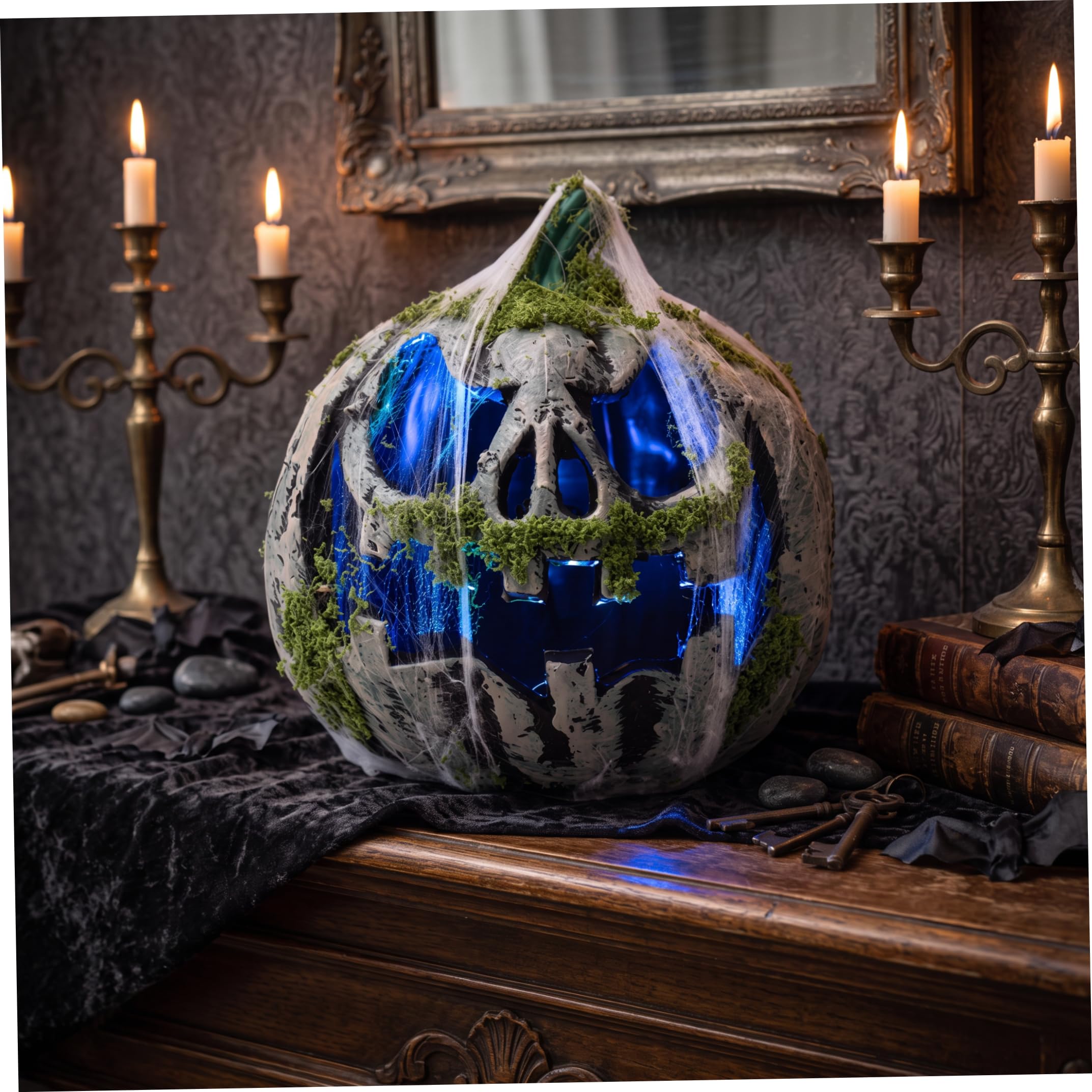 Decorazioni per il portico di Halloween con zucche illuminate, muschio e ragnatela Jackolantern