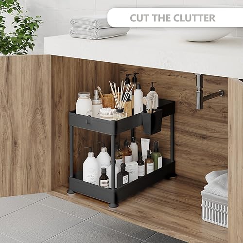 Miniatura 2 de Organizadores y almacenamiento para debajo del fregadero, organizador de gabinete de baño, estante de fregadero con ganchos utilitarios y