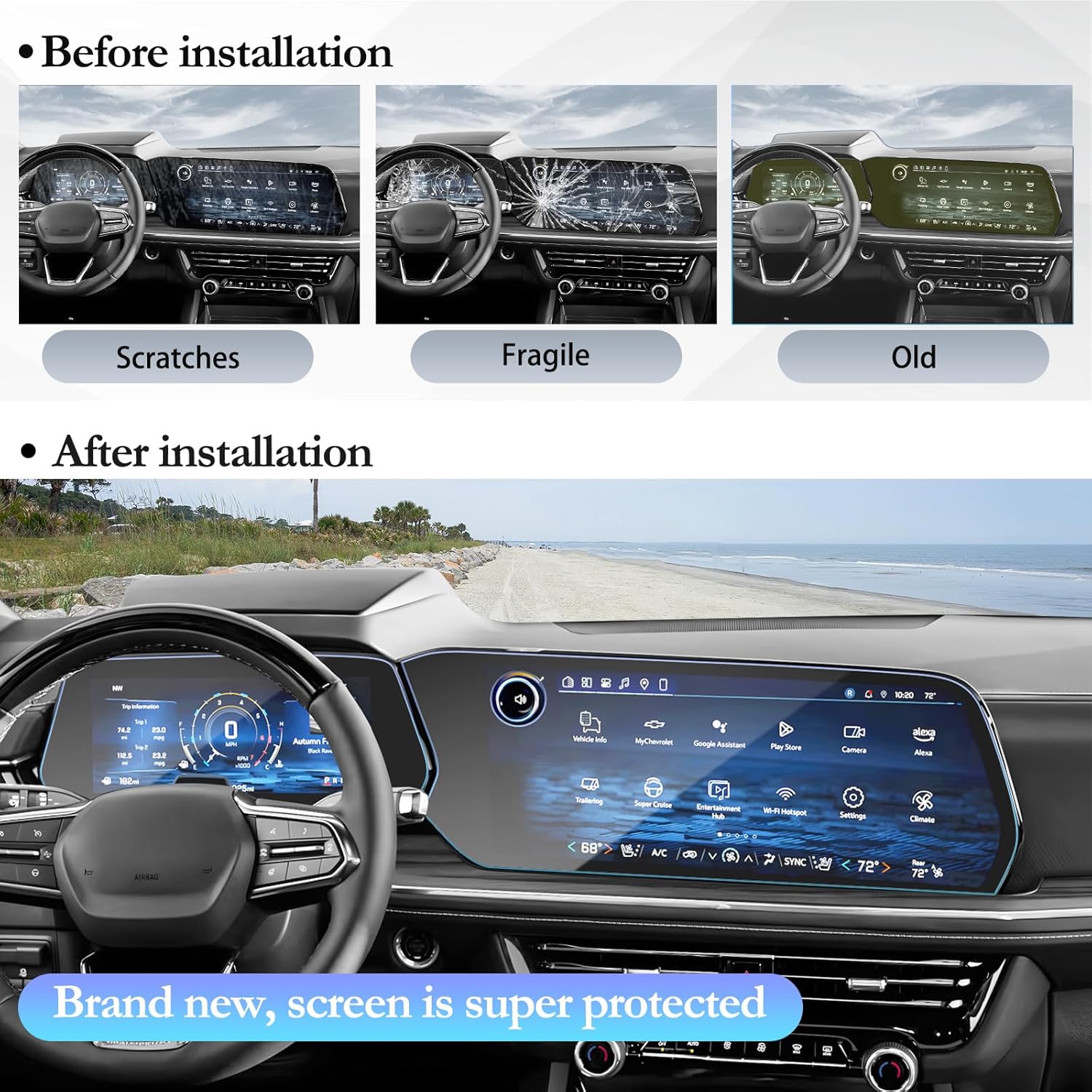 SKTU 2PCS for 2025 2026 Chevy Tahoe Screen Protector for 2025+ Chevrolet Tahoe/ Chevrolet Suburban 17.7-Inch Navigation & 11-Inch Instrument Screen [9H Hardness, Ultra Clear, Anti-Glare&Scratch] 2025 2026 Chevy Tahoe Accessories Screen Protective Film Tempered Glass