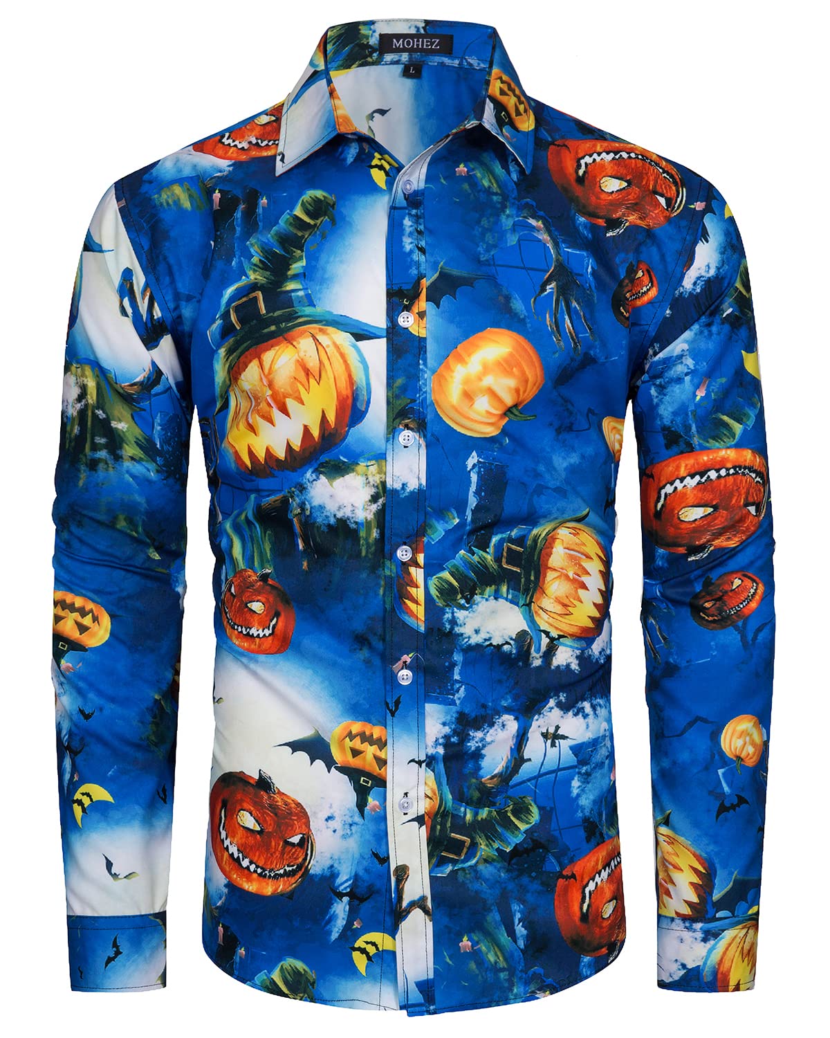 Mohez Men's 201Blue Halloween Shirt Ugly Pumpkin Casual Long Sleeve Funny Button Down Shirts Bats Print Adult Costume Blue XX-Large