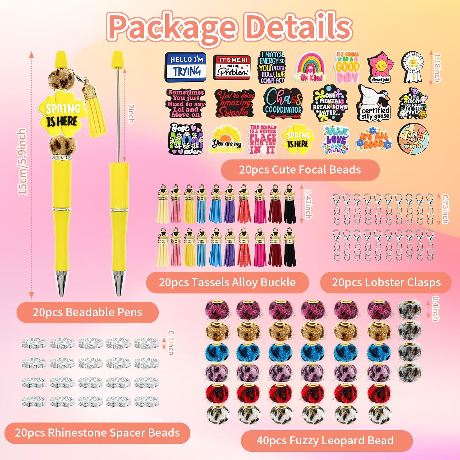 120Pcs Beadable Pen Kit Bulk with Funny Positive Words Focal Beads, Fuzzy Leopard Bead, Rhinestone Spacer Beads, Tassels, Cute DIY Beadable Pens Making Kit for School Office Gifts
