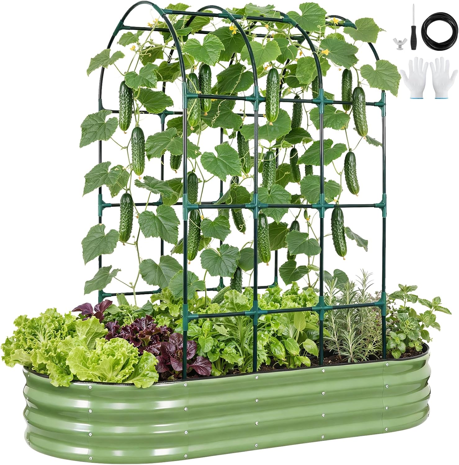 Galvanized Raised Garden Bed with Arched Trellis | 6x3x1FT Metal Raised Garden Beds Outdoor for Gardening Climbing Plant | Planter Box Outdoor with Gloves for Vegetable Flower, OliveGreen
