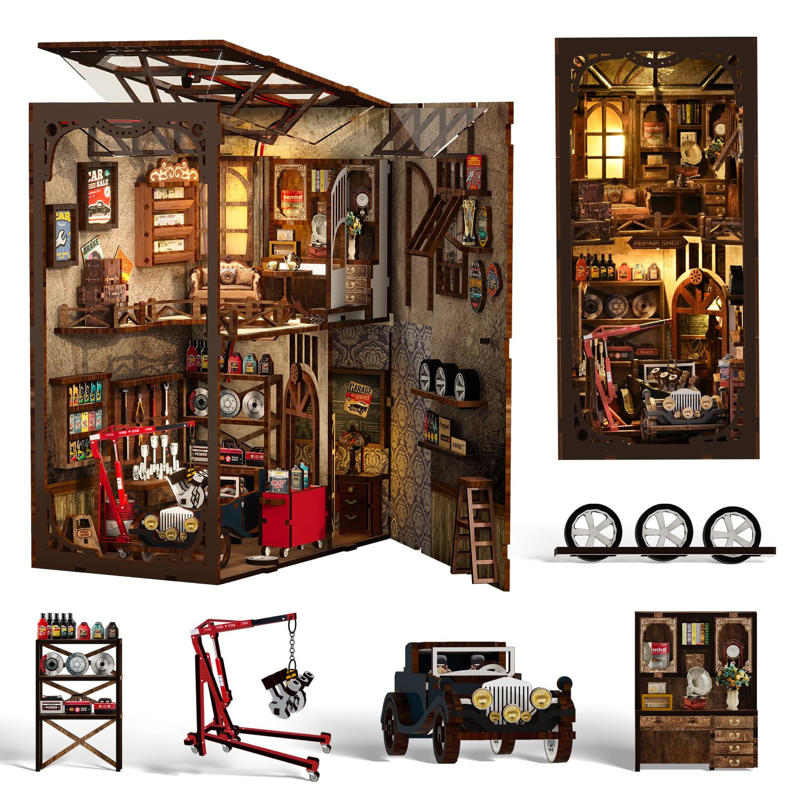Book Nook Kit–Handwerkliche Reparatur Werkstatt Modell (Mechanischer Stil), 3D-Miniatur-Holzpuzzle zum Selberbauen mit LED-Beleuchtung, Bastelset für Erwachsene, Geschenk & Wohnaccessoire
