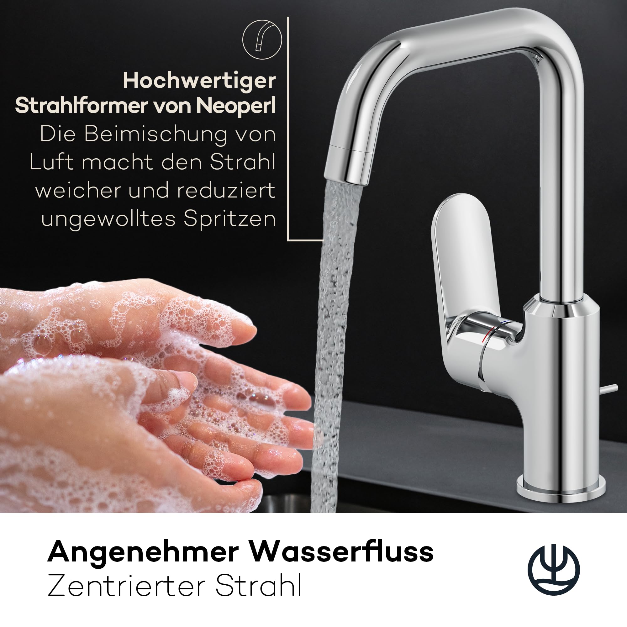 KLUDI-X1 Wasserhahn Bad mit Zugstangen-Ablauf, 360° schwenkbar, Auslaufhöhe 205 mm, wassersparende Waschtischarmatur Größe L, Mischbatterie Waschbecken inkl. Anschlussschläuche in Chrom