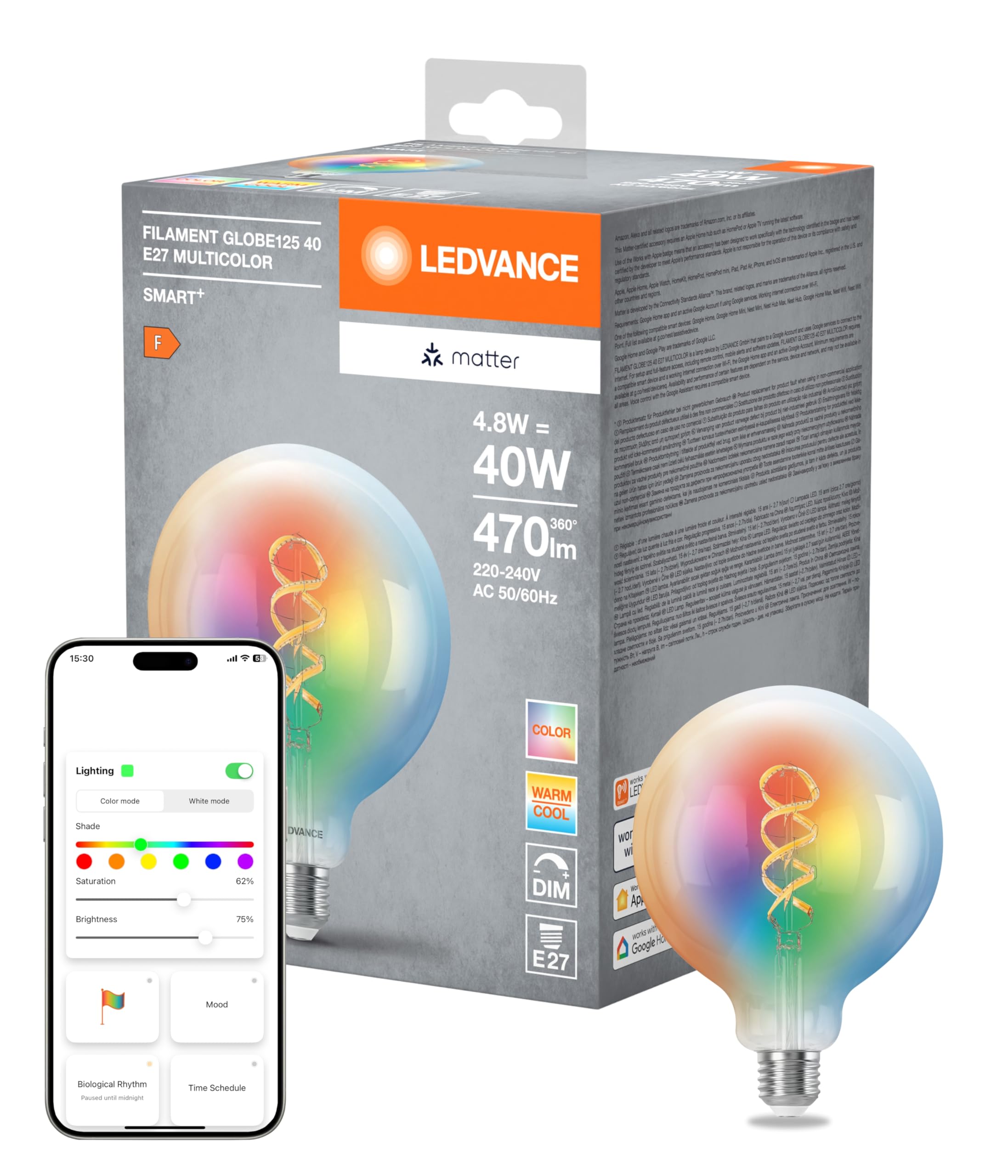 LEDVANCE Smart+ Matter LED lamp, Compatible with Google, Alexa, Apple, White Glass, 4.8W, 470lm, E27 Base, Color Light & White Light, app or Voice Control, Life of up to 15,000 Hours