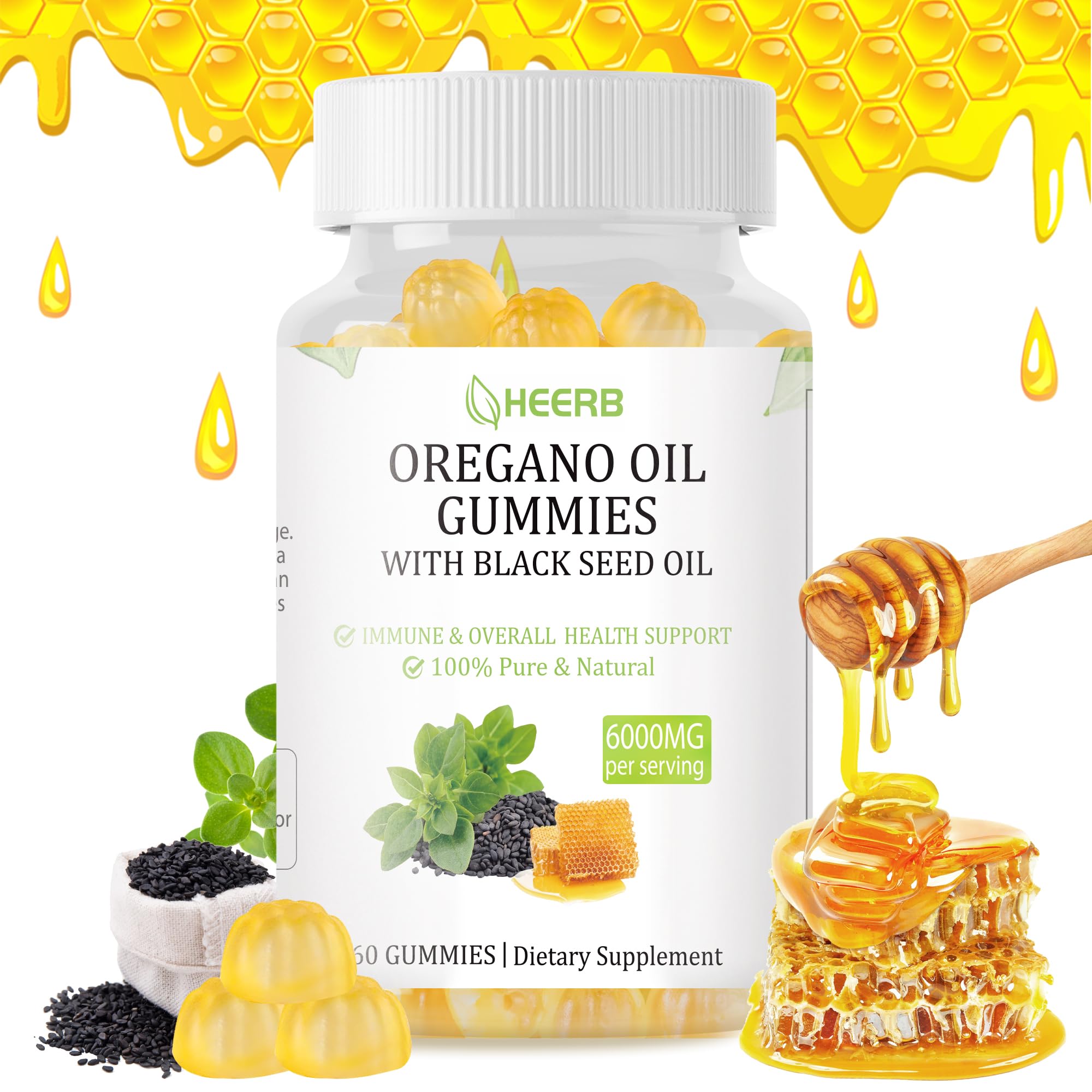 Organic Oregano Oil Gummies with Black Seed Oil | Plant-Based, Natural Honey Flavor | Non-GMO