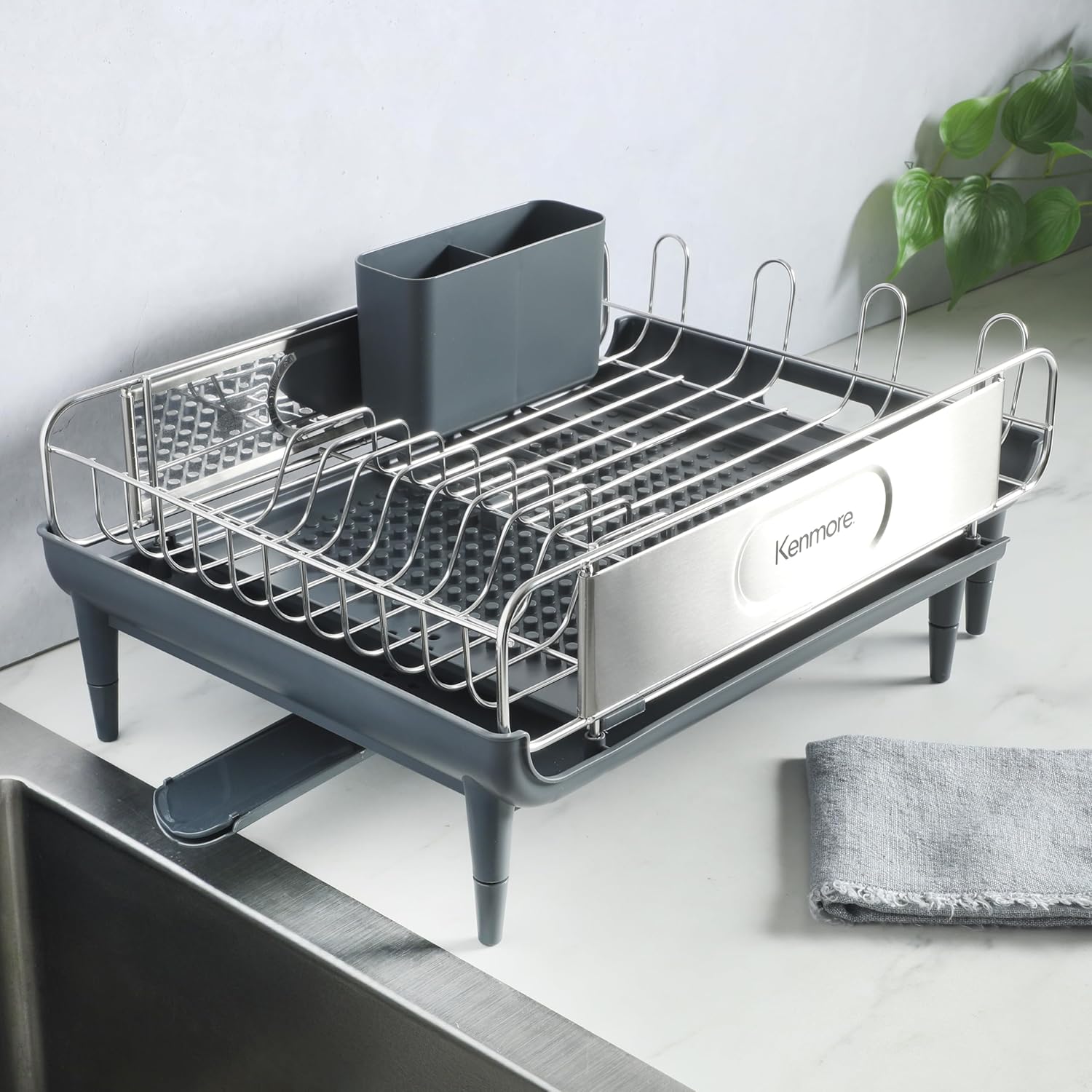 Kenmore Loxdell Expandable Full Size Rust Resistant Dish Rack with Drain Board and Flatware Caddy