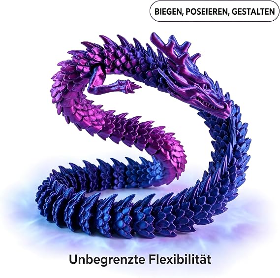 Large 3D Printed Dragon Figurine,Printed Animals, 3D Printed Toy with Iridescent Purple Finish, Poseable 3D Dragon Model for Decoration, Display and Stress Relief