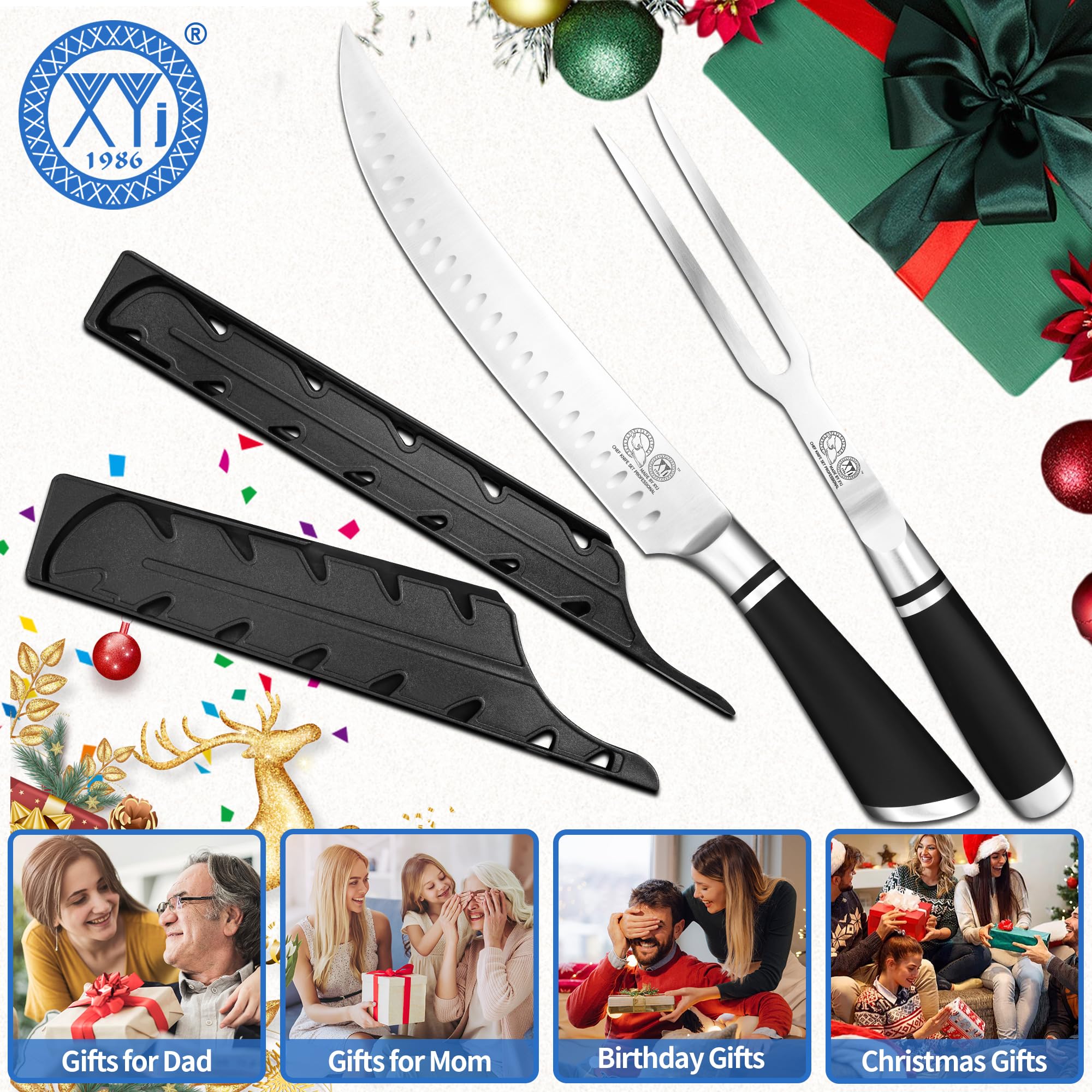 XYJ Authentic Since1986,Professional Carving Knife Set, 9.5 Inch Slicing Carving Knife and Meat Fork, Stainless Steel Kitchen Knife for Steak, Turkey, Ham, BBQ