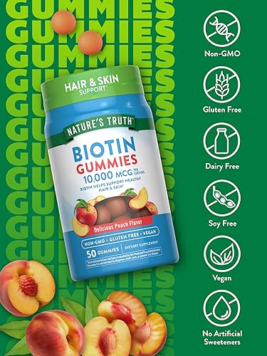 Miniatura 3 de Nature's Truth Gomitas de biotina | 10000mcg | 50 unidades | Suplemento vegano, sin OMG y sin gluten | Sabor a melocotón
