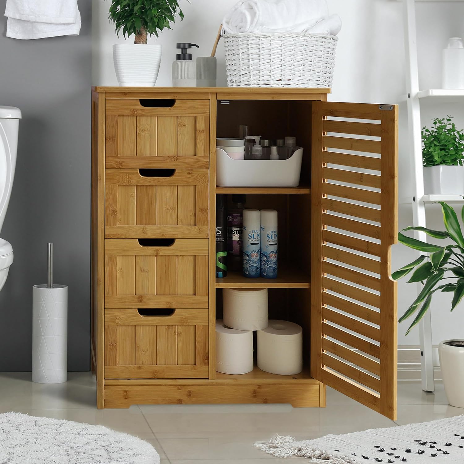 Bamboo Bathroom Storage Cabinet with 4 Drawers & 2 Removable Shelves, Freestanding Storage Organizer Multifunctional for Living Room, Bedroom, Natural