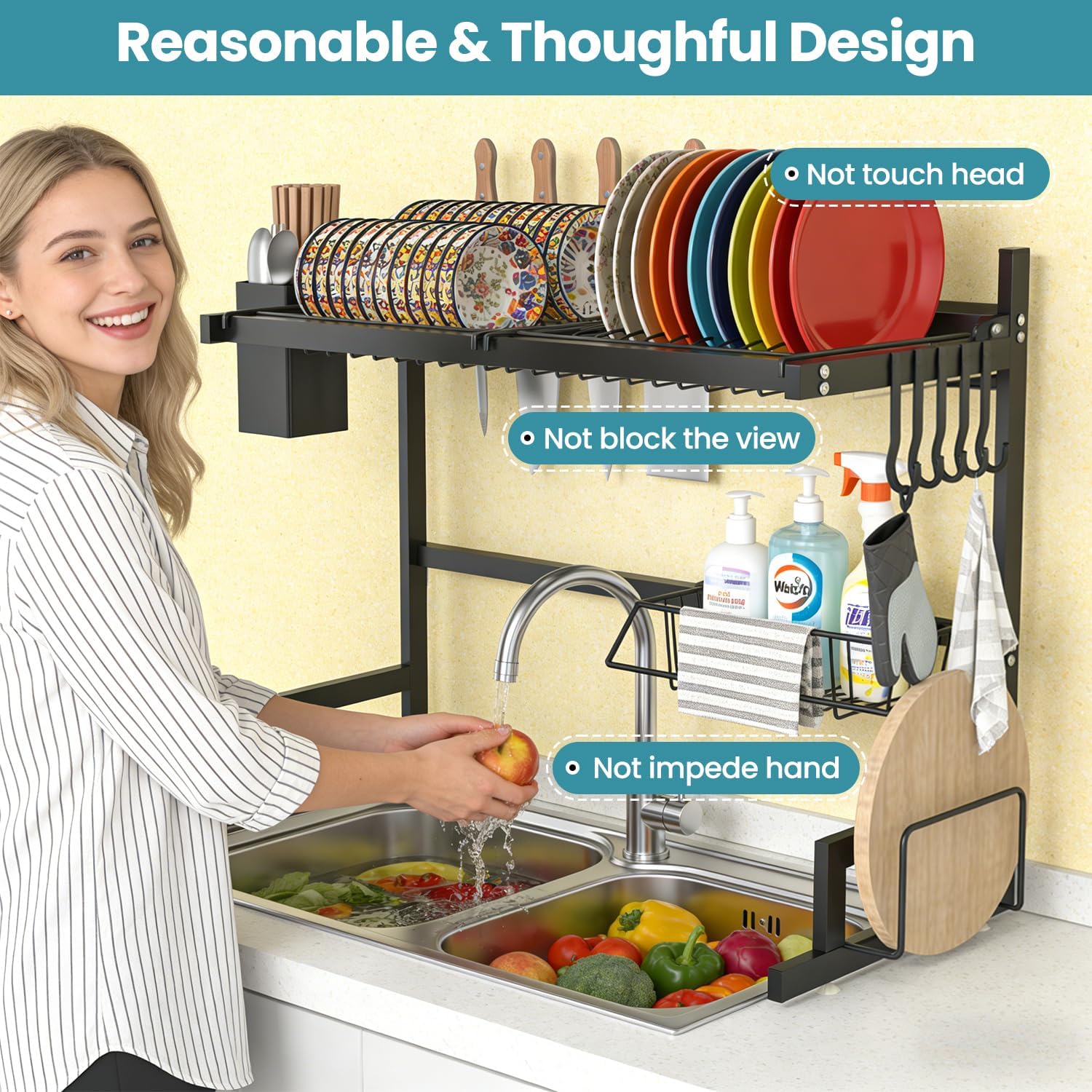 Over The Sink Dish Drying Rack, Large Storage Kitchen Dish Rack for Kitchen Counter Multifunctional Organiser, Space Saving (1-Tier)