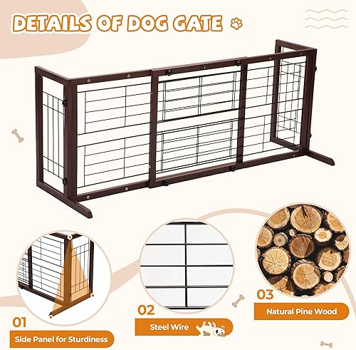 Miniatura 5 de COZIWOW Puerta para perros de 38 a 67 pulgadas, puerta independiente para mascotas, extra ancha, valla de madera para cachorros, puertas de