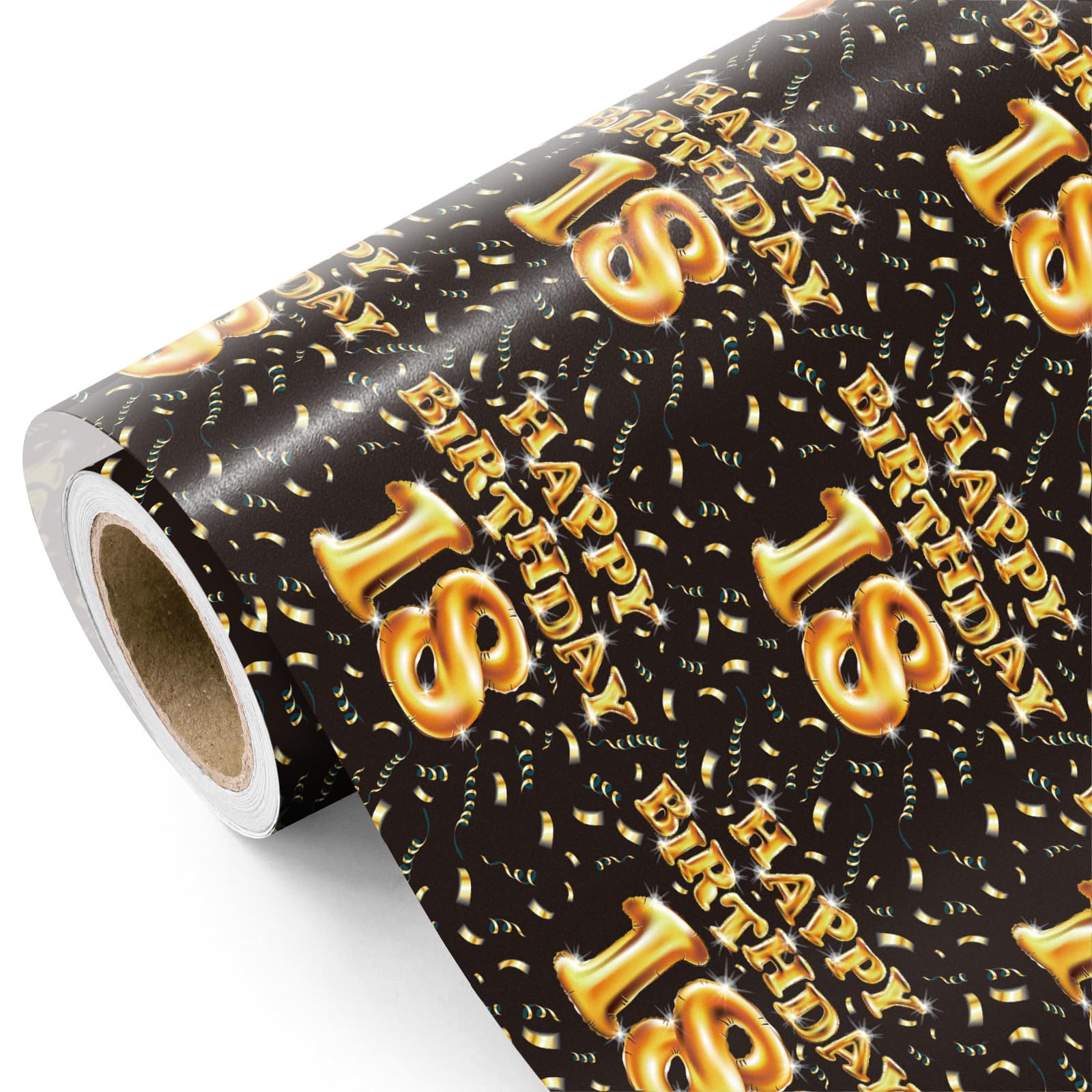 WRAPAHOLIC 18th Birthday Wrapping Paper Roll - Mini Roll - 17 Inch x 16.5 Feet - Black and Gold Balloons Happy Birthday Wrapping Paper Perfect for Boys, Party, Holiday