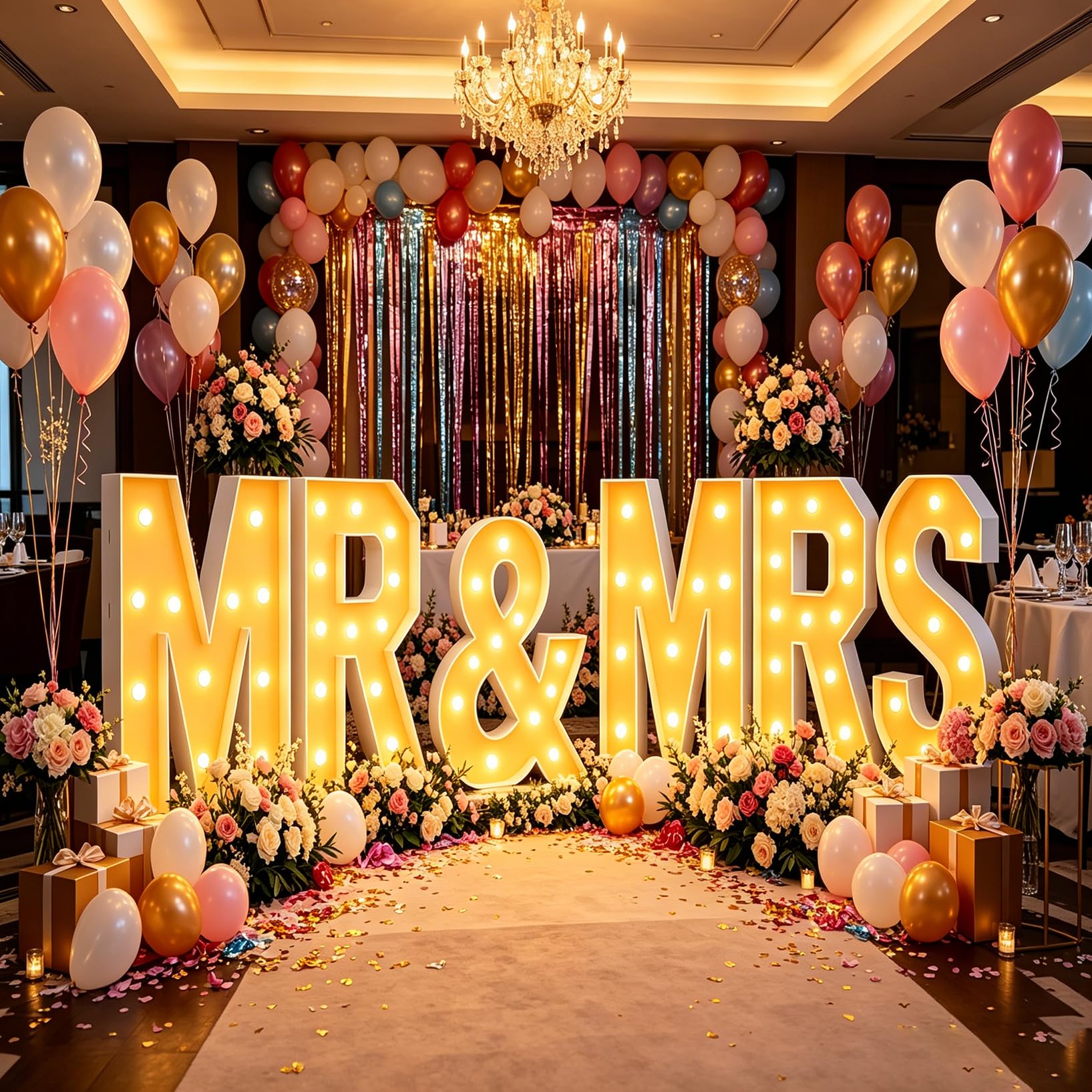 LED Marquee MR & MRS Light Up Party Decor, Foam Board Mosaic Balloon Frame Large Birthday Backdrop Wedding Anniversary, 120cm-4ft