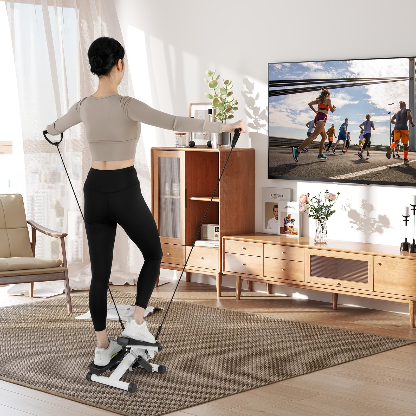 KOMFOTTEU Mini Step Fitness Casa, Stepper Idraulico con Fasce di Resistenza, Altezza Regolabile, Schermo LCD, Pedali Antiscivolo, Attrezzatura Cardio per Allenamento Corpo, Esercizio