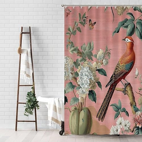 Miniatura 640 de Cortinas de ducha de baño con ganchos, 72 x 92 pulgadas, cortina de ducha de tela impermeable con diseño de flores y pájaros, cortina de ducha