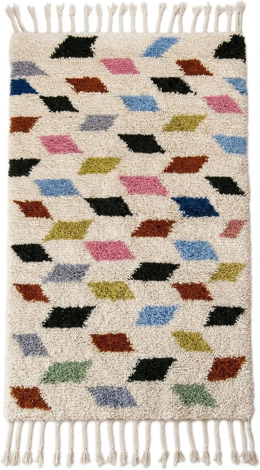 Handmade Moroccan Berber Wool Rug 3' x 5', 100% Wool High Pile Shag, Ivory/Cream with Multicolor Diamond Motifs (No Fringe)